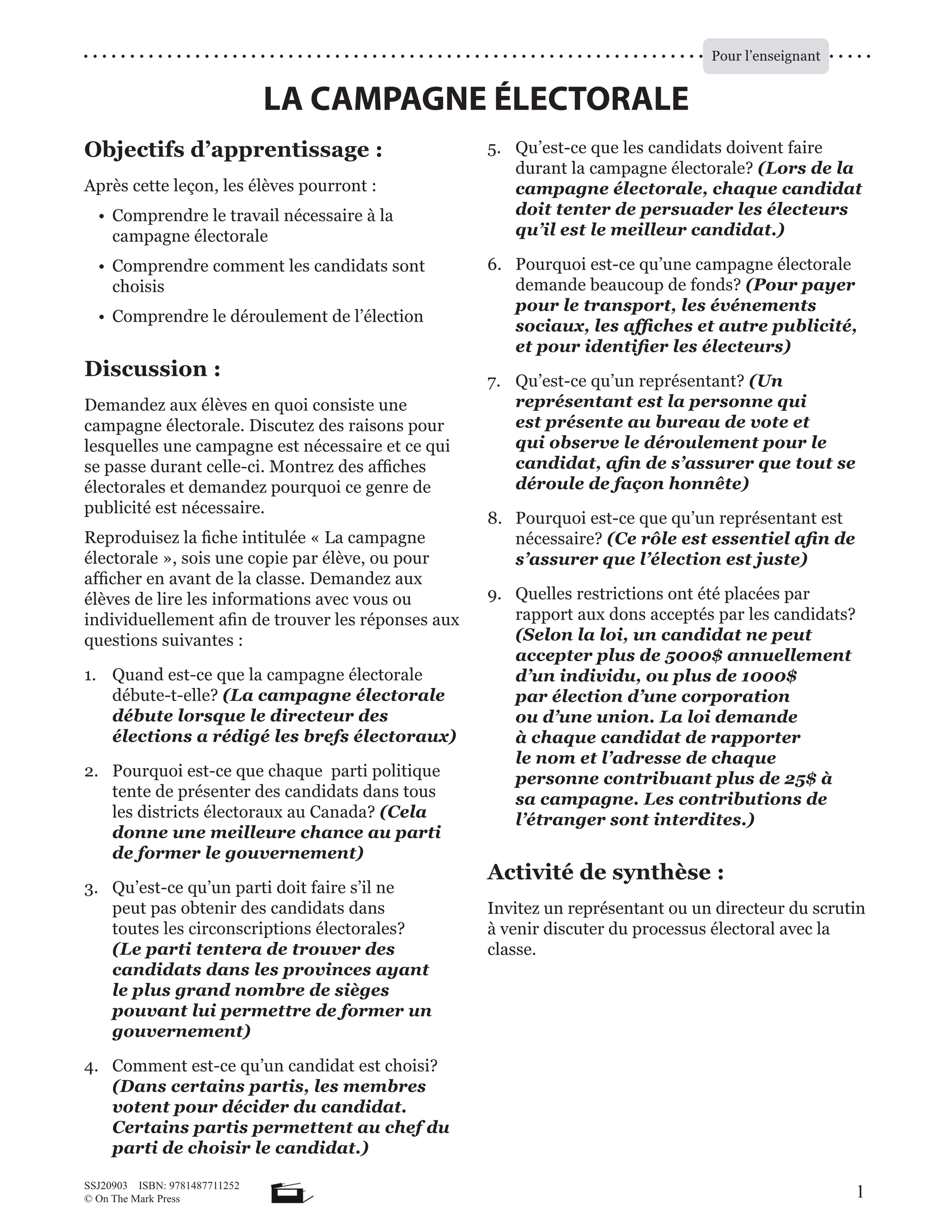 La Campagne Electorale Plan De Cours 4e à 8e année