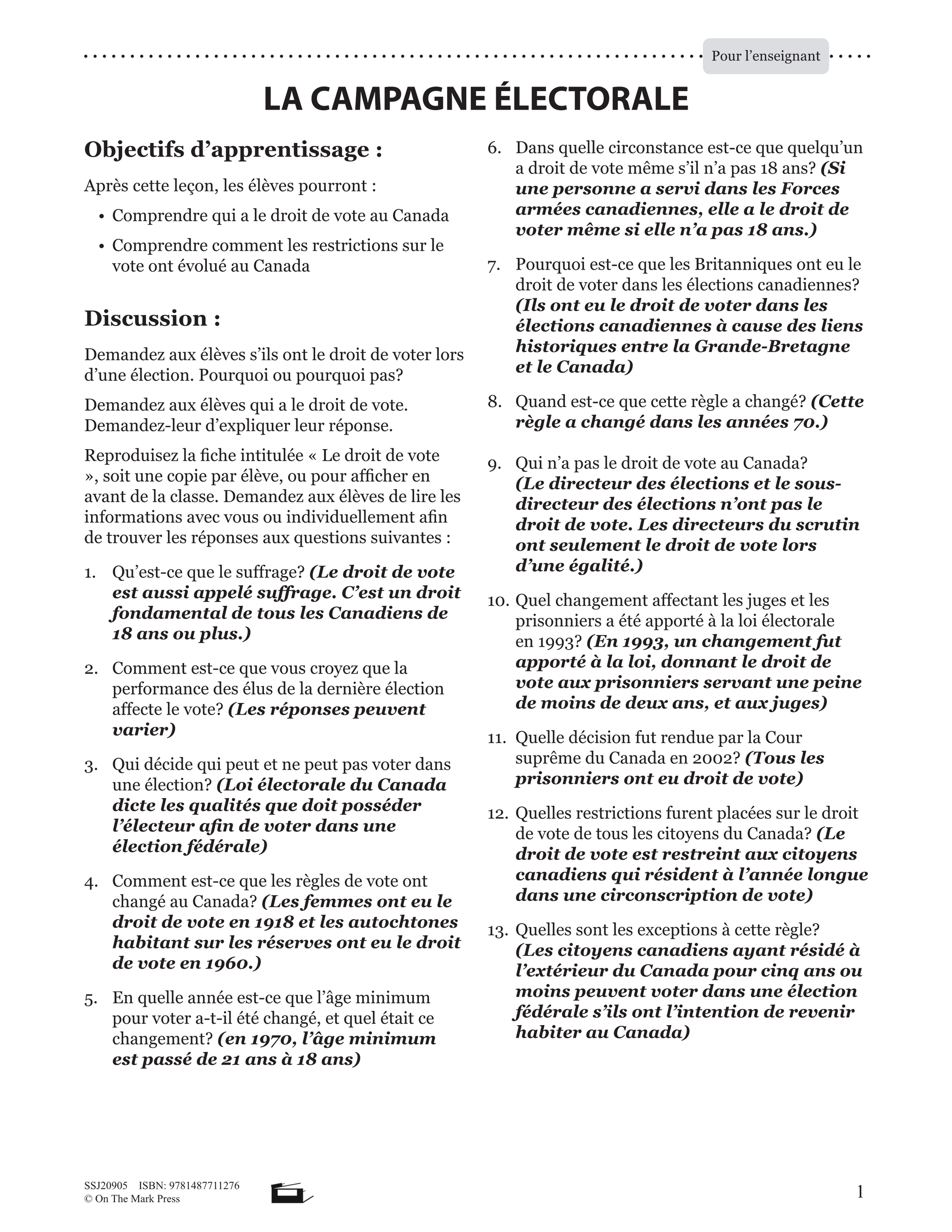 Le Droit De Vote Plan De Cours 4e à 8e année