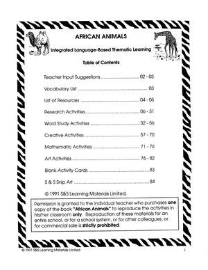 African Animals Grade 4-6
