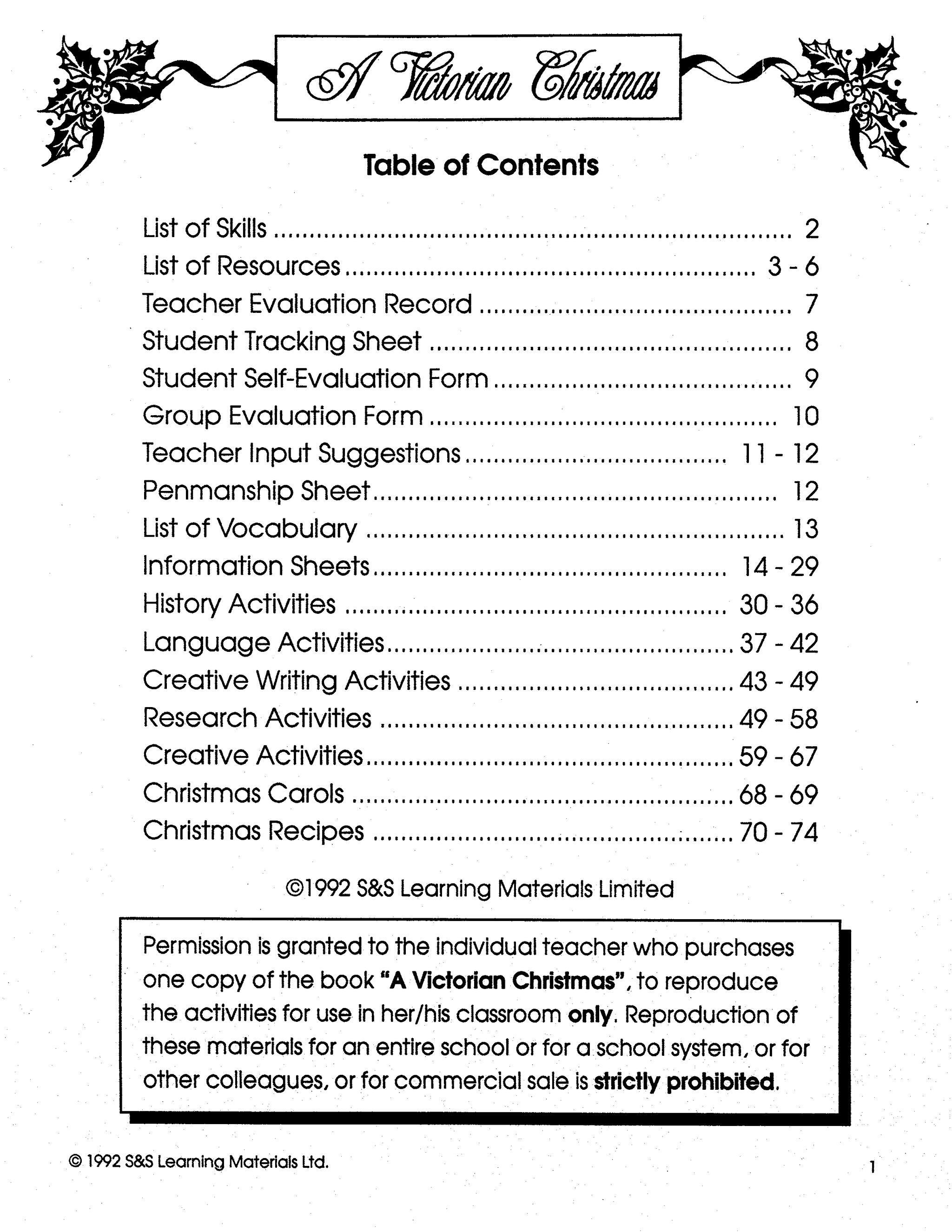 A Victorian Christmas Theme Grades 5-8