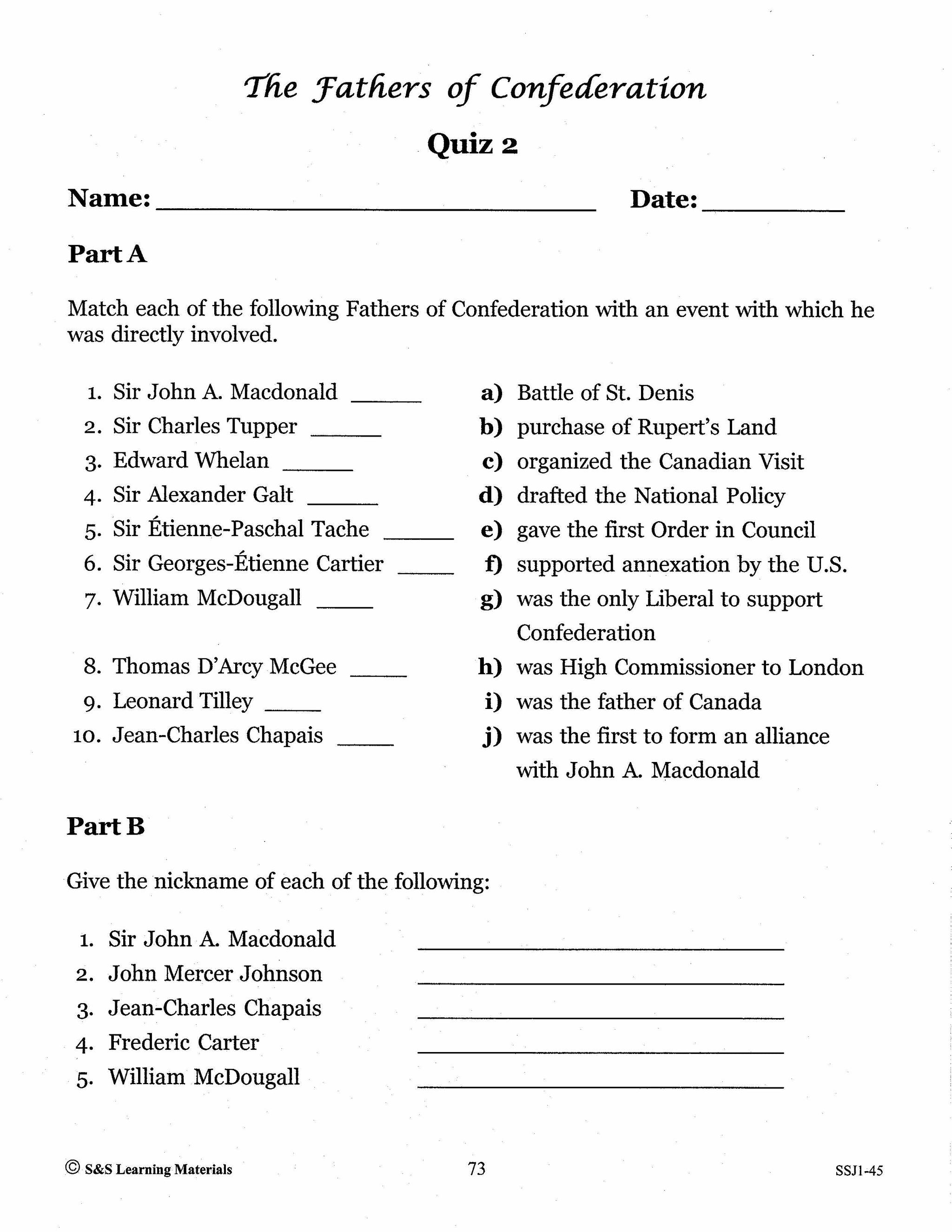 Canada's Fathers of Confederation Grades 4-8 Biographies and Follow-up Worksheets