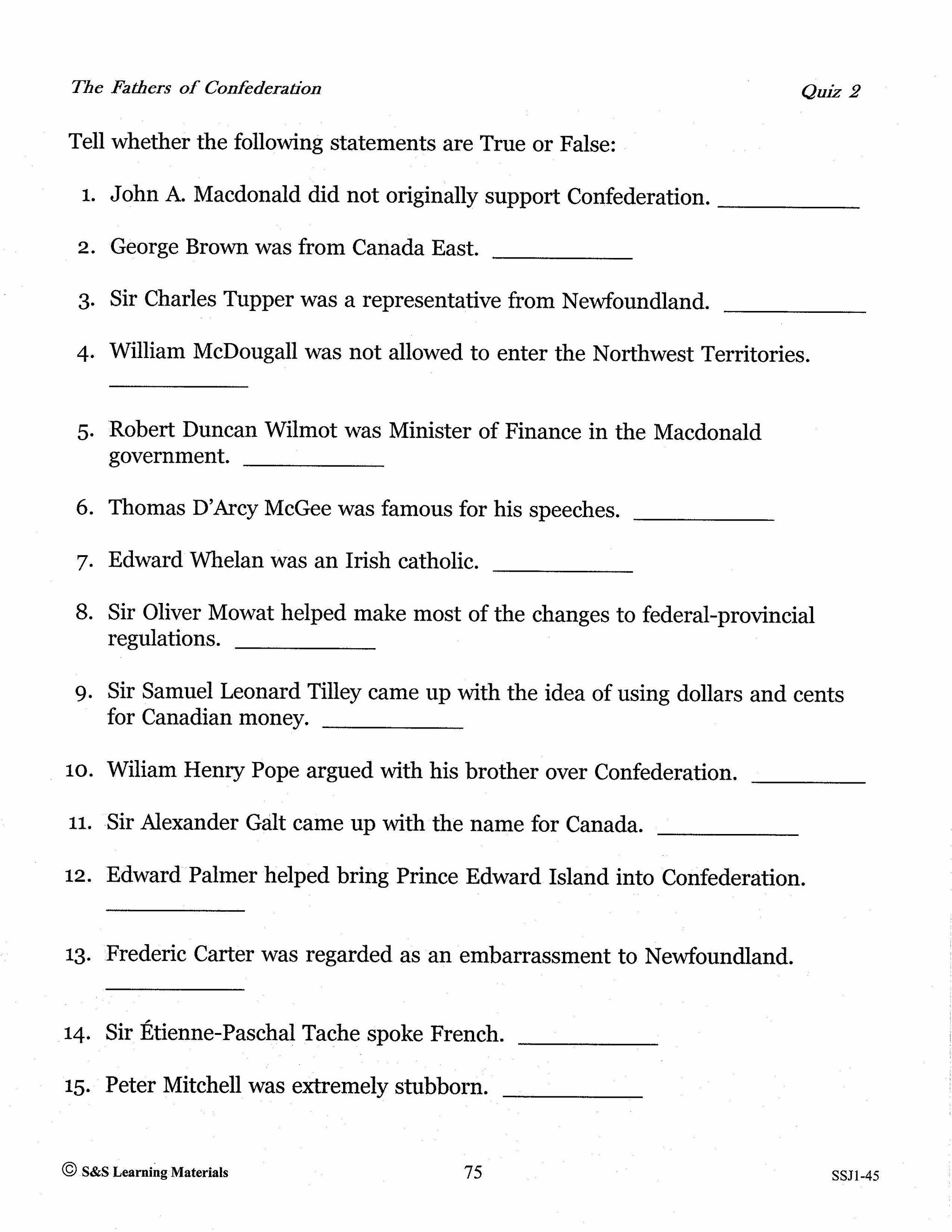 Canada's Fathers of Confederation Grades 4-8 Biographies and Follow-up Worksheets