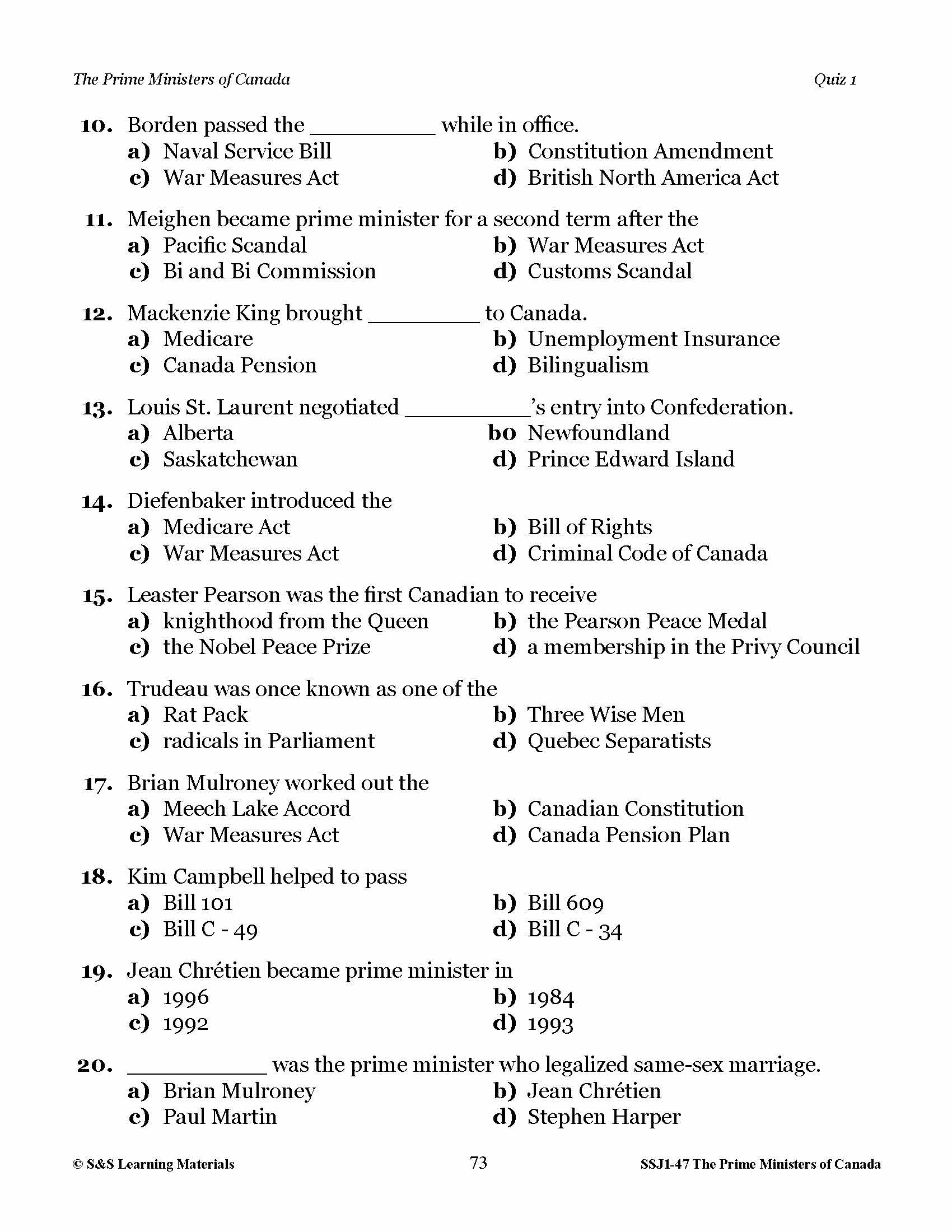 Prime Ministers of Canada Grades 4-8