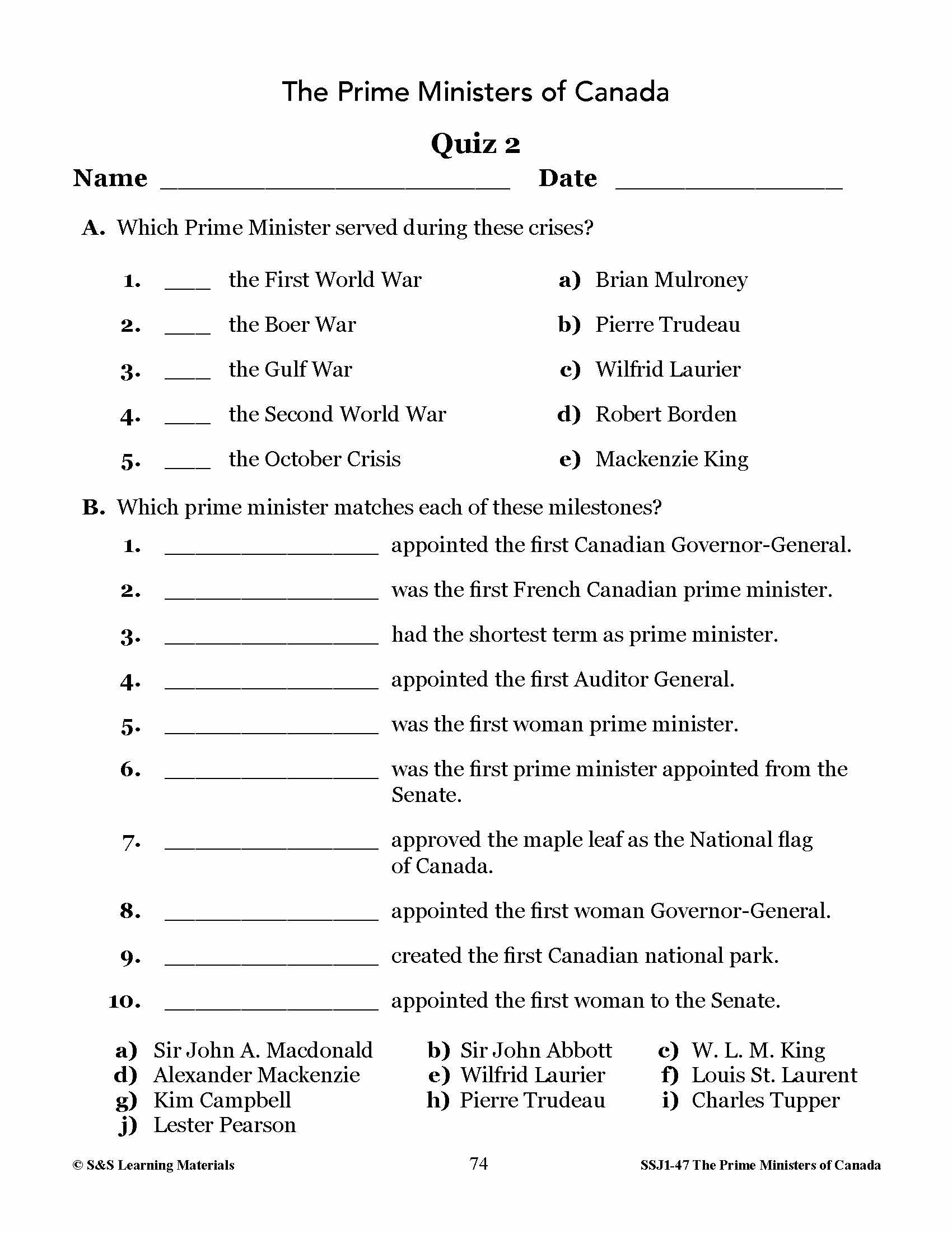 Prime Ministers of Canada Grades 4-8