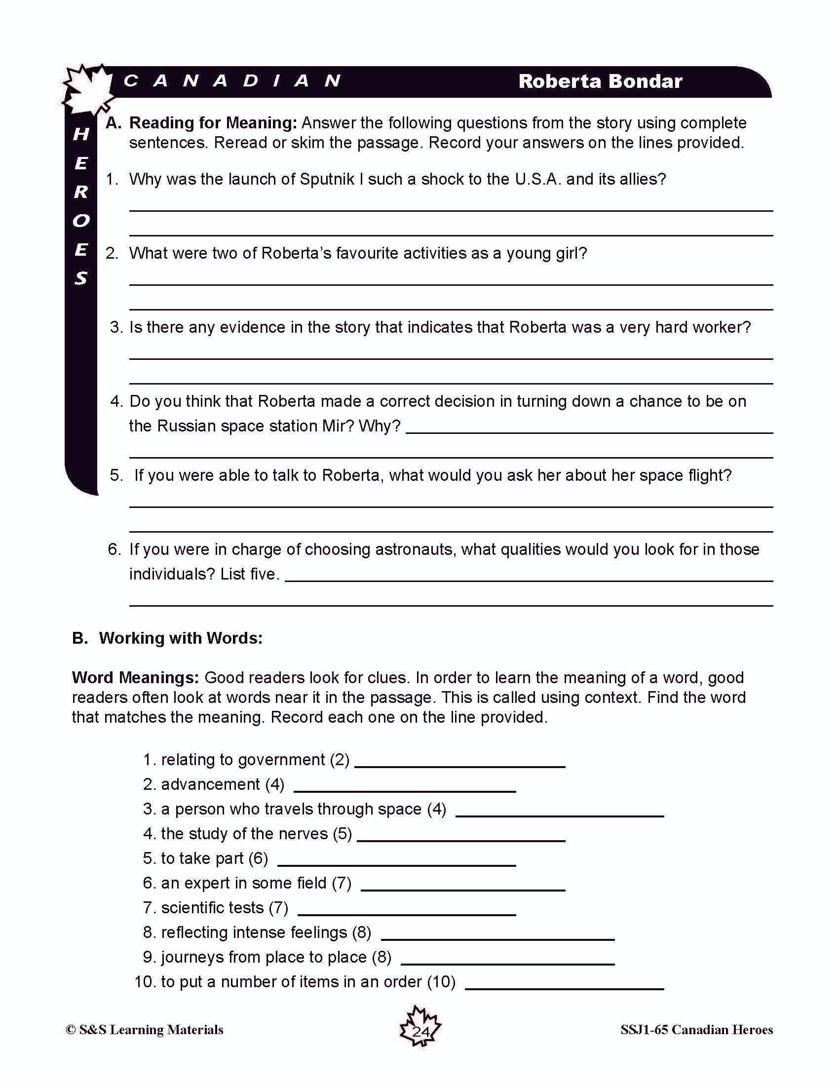 Canadian Heroes Grades 5-8 - everyday heroes in times of disaster, medicine, science, sports and more!