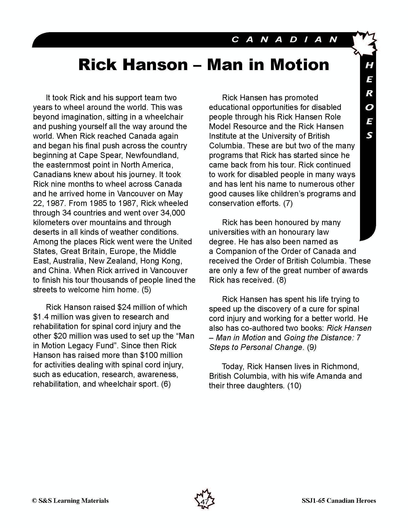 Canadian Heroes Grades 5-8 - everyday heroes in times of disaster, medicine, science, sports and more!