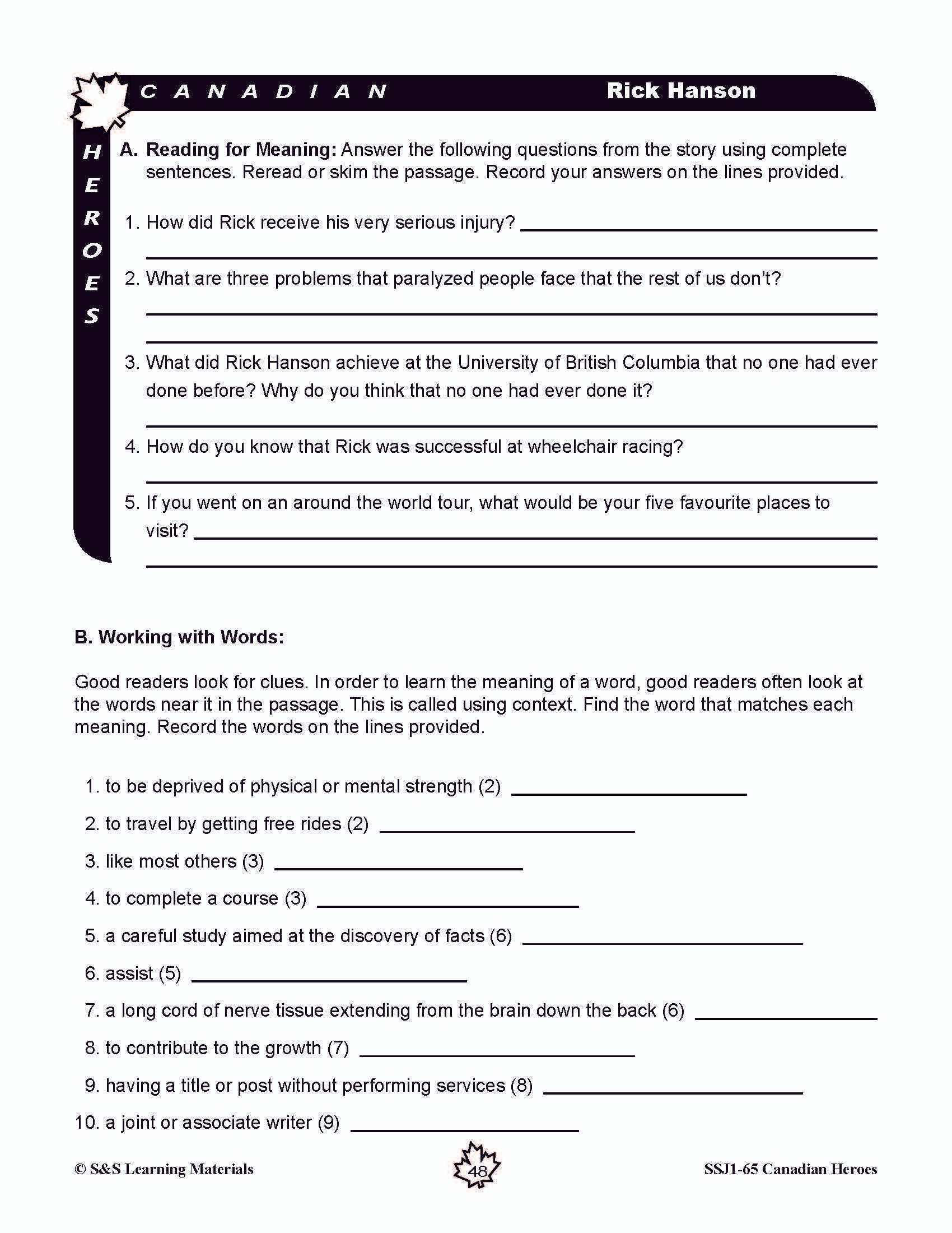 Canadian Heroes Grades 5-8 - everyday heroes in times of disaster, medicine, science, sports and more!