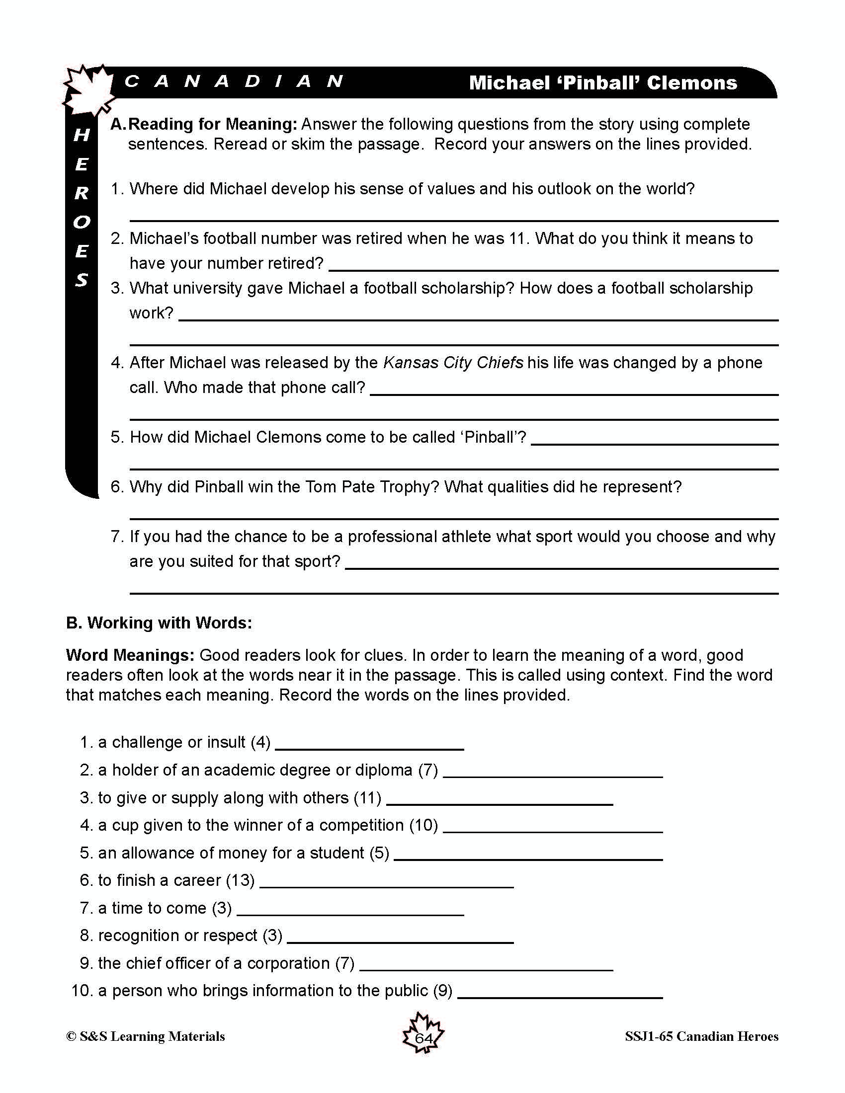 Canadian Heroes Grades 5-8 - everyday heroes in times of disaster, medicine, science, sports and more!