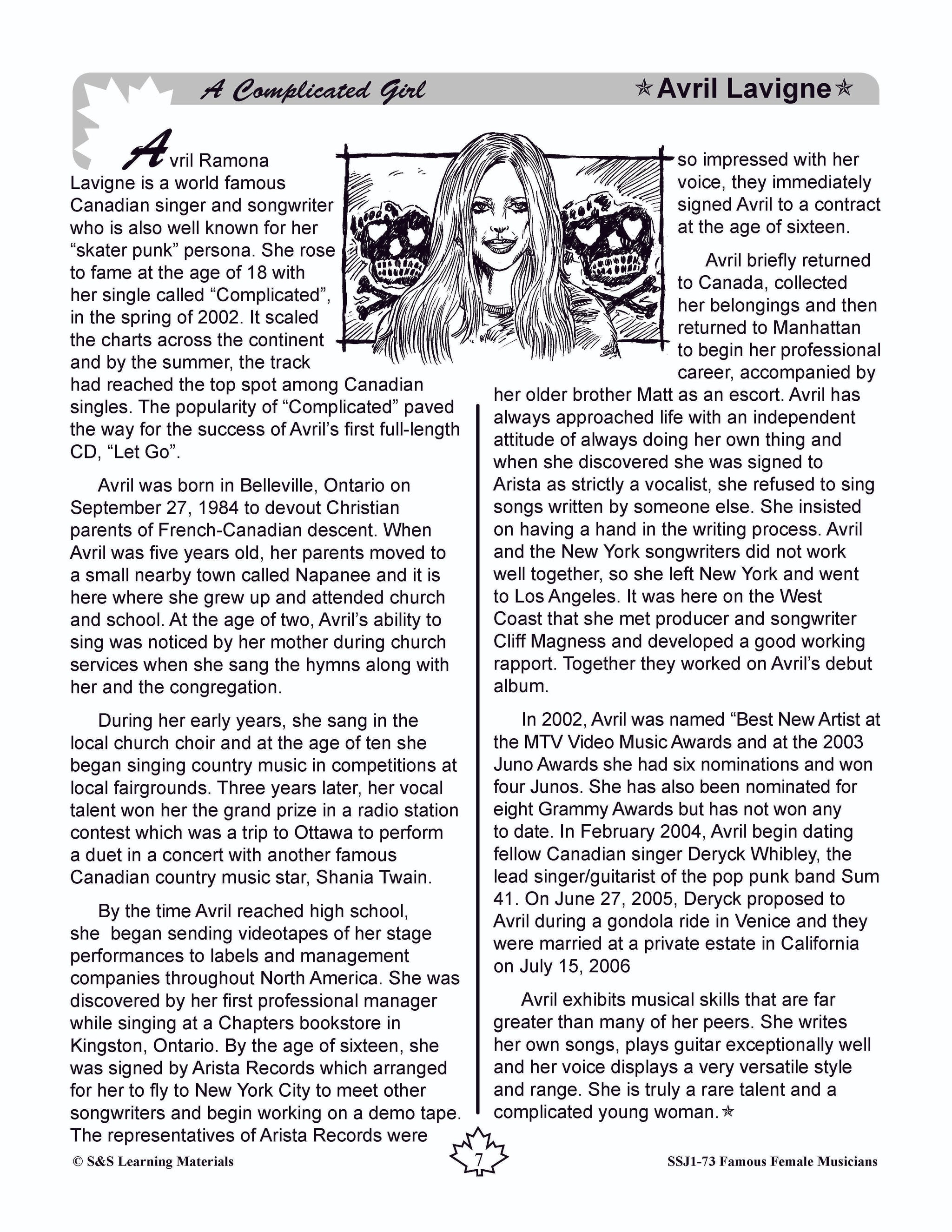 Famous Canadian Female Musicians Non Fiction Reading Grades 4-8