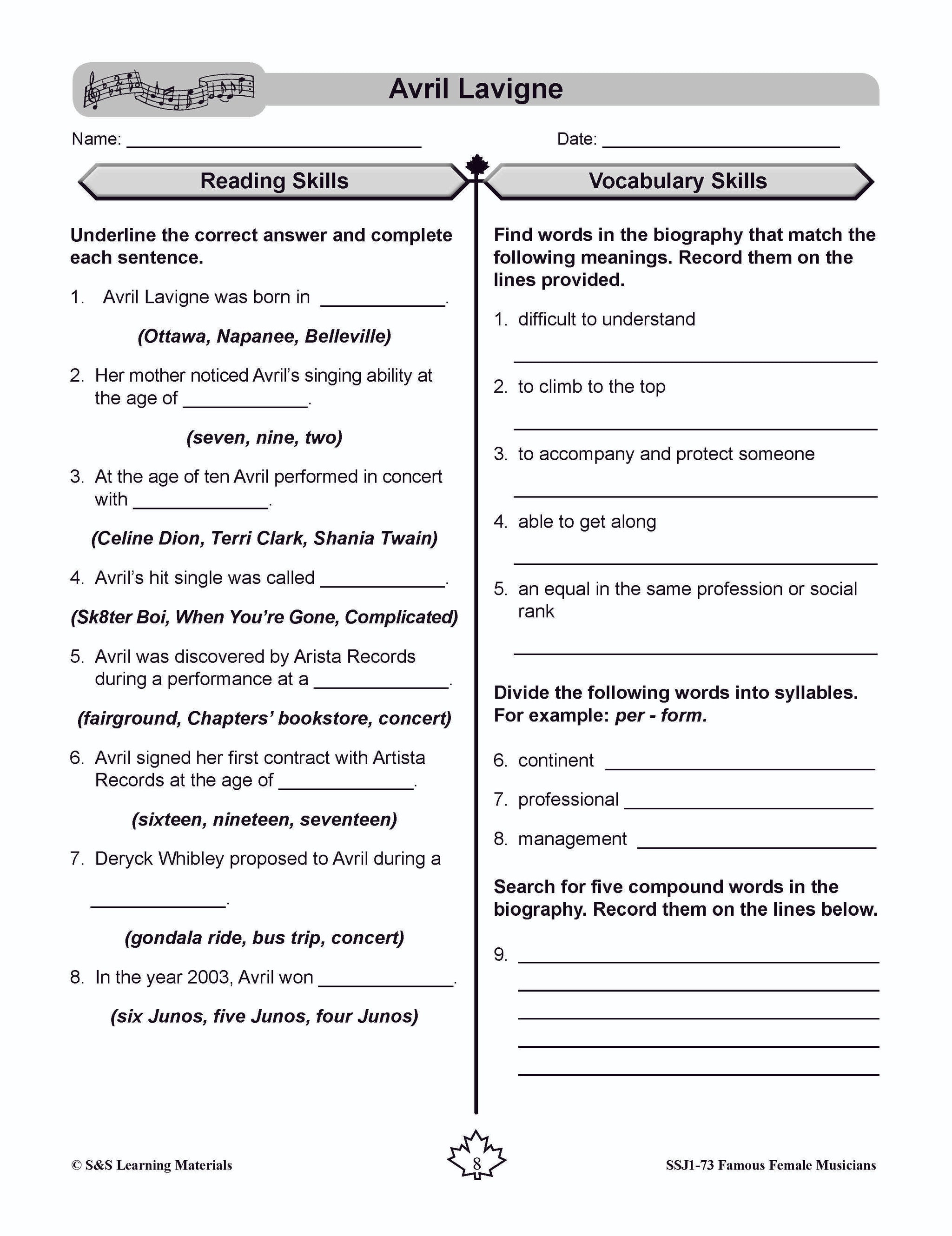 Famous Canadian Female Musicians Non Fiction Reading Grades 4-8