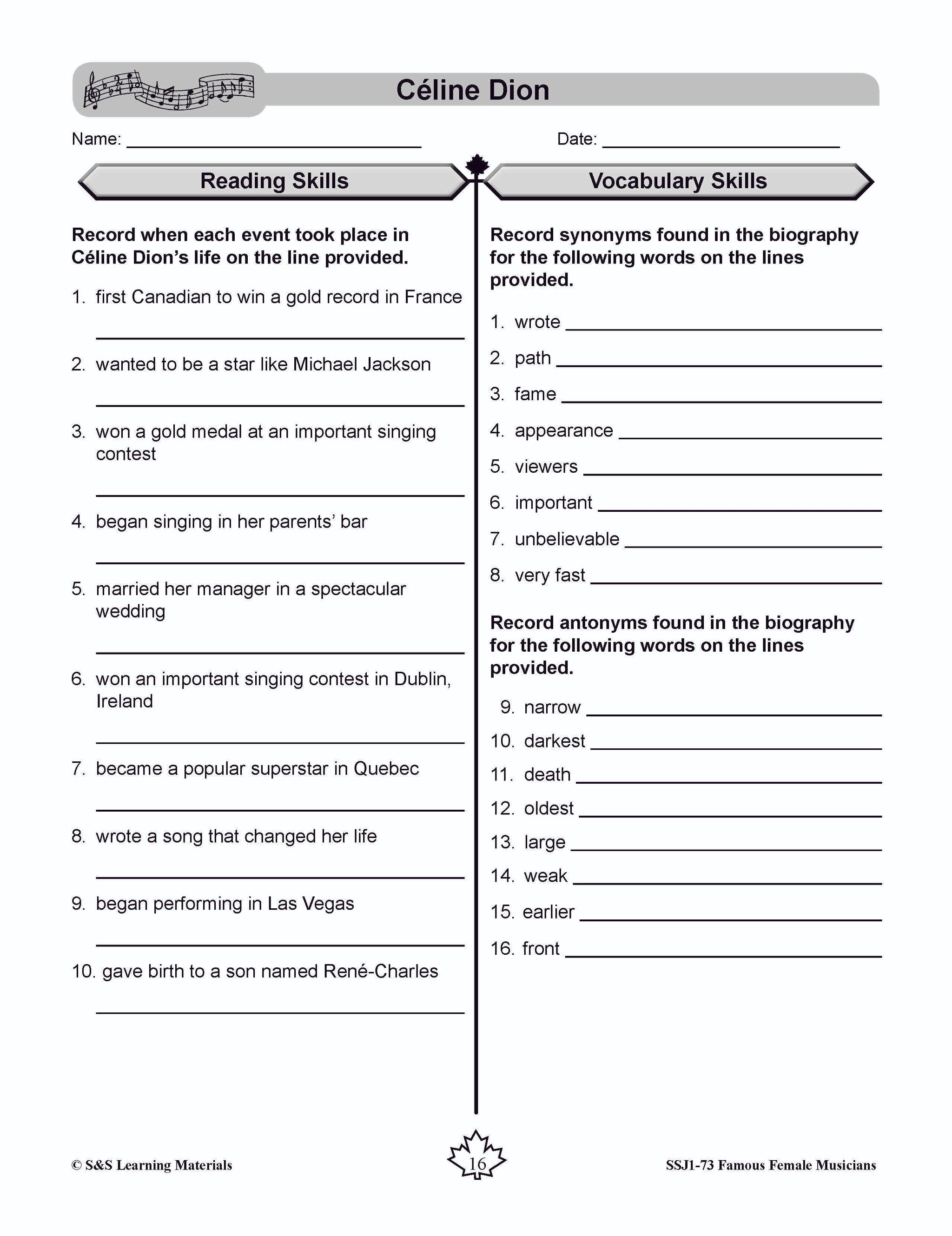 Famous Canadian Female Musicians Non Fiction Reading Grades 4-8