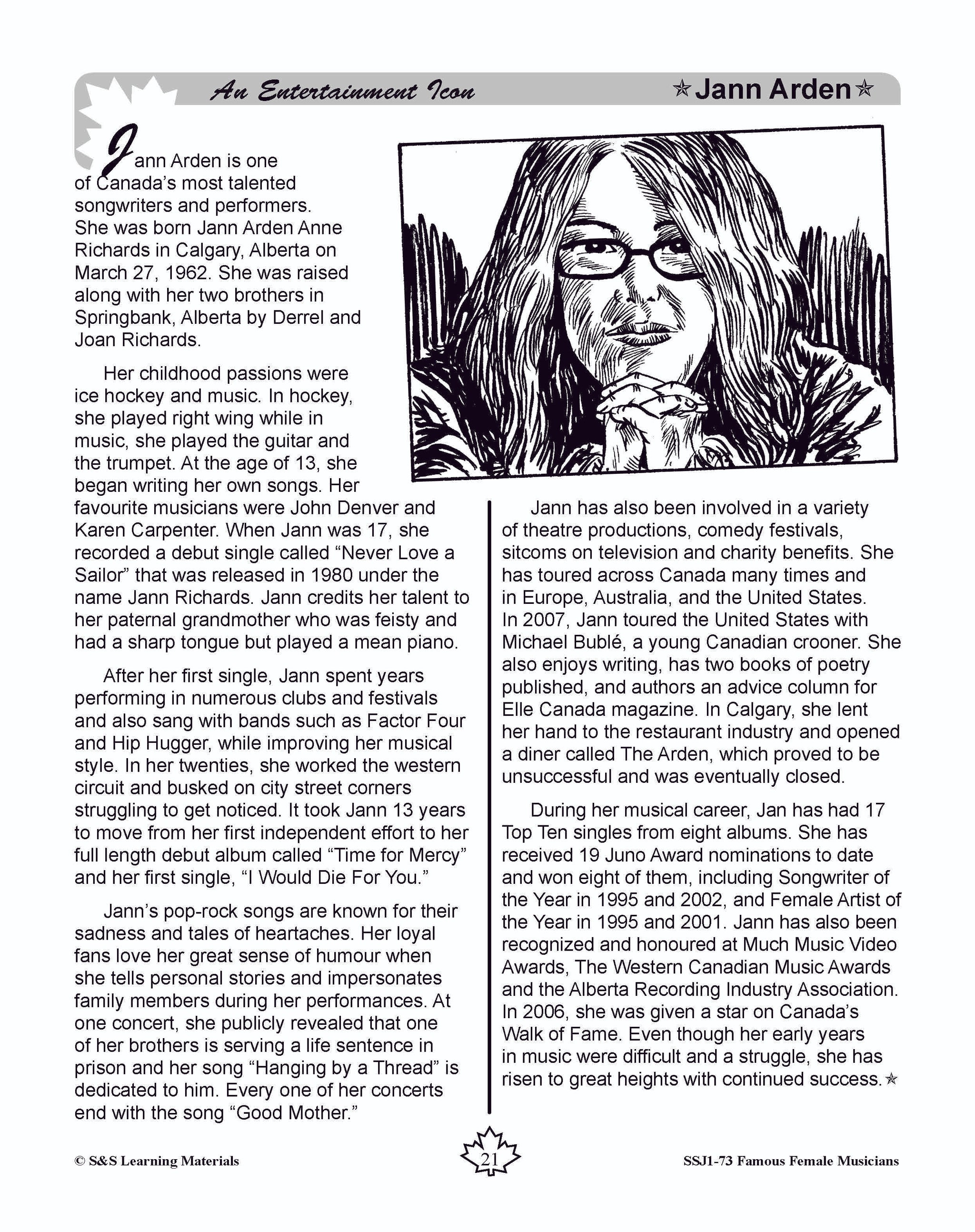 Famous Canadian Female Musicians Non Fiction Reading Grades 4-8