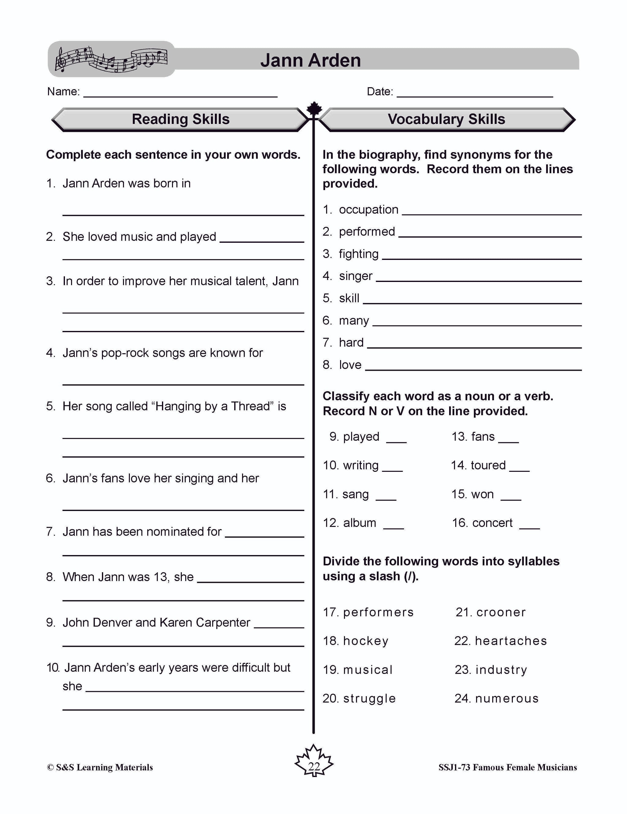 Famous Canadian Female Musicians Non Fiction Reading Grades 4-8