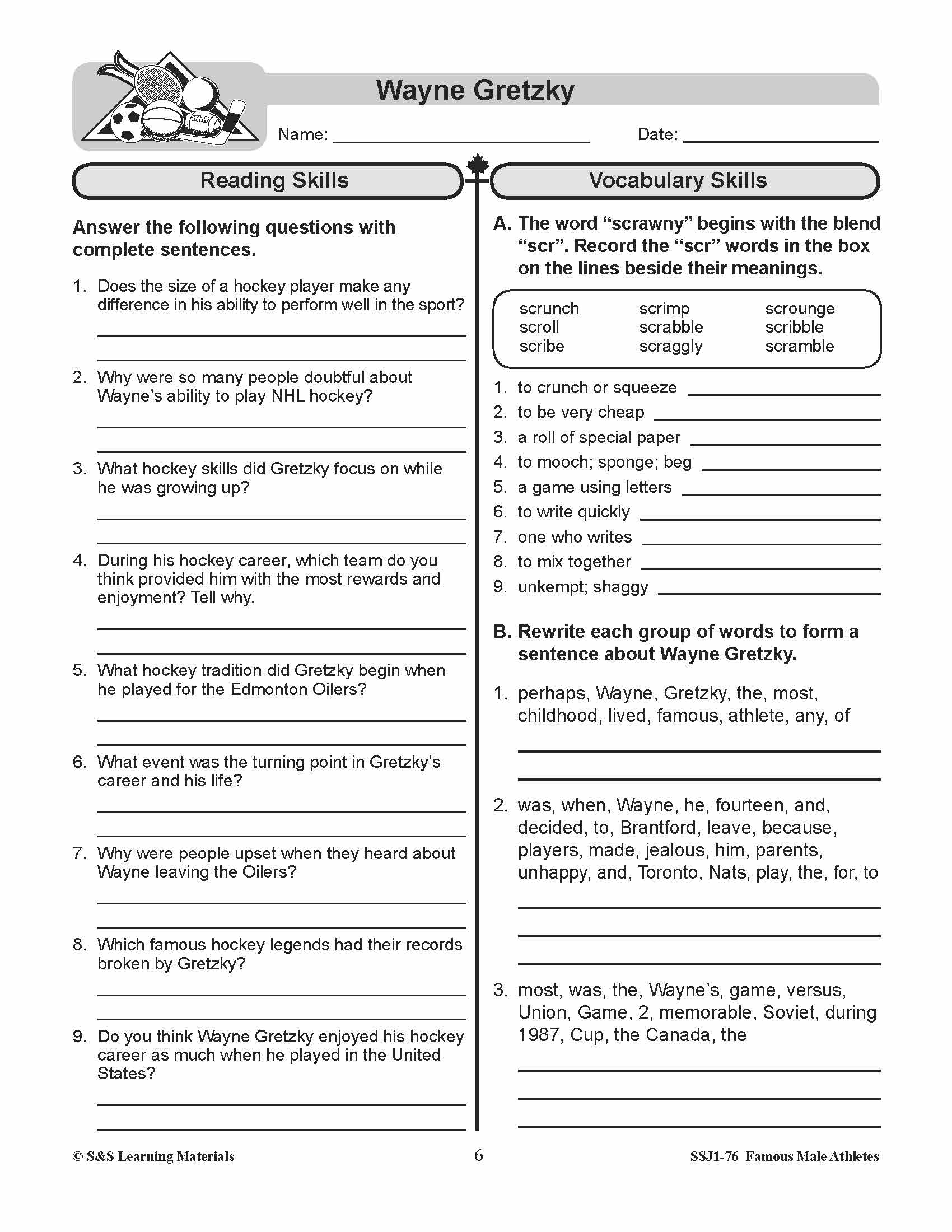 Famous Canadian Male Athletes Non Fiction Reading Grades 4-8