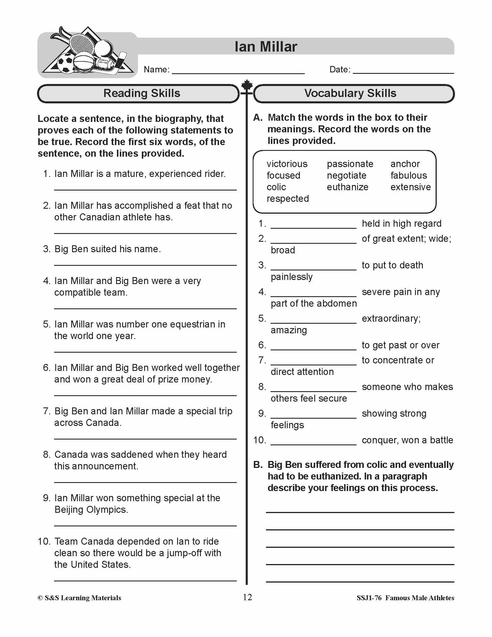 Famous Canadian Male Athletes Non Fiction Reading Grades 4-8
