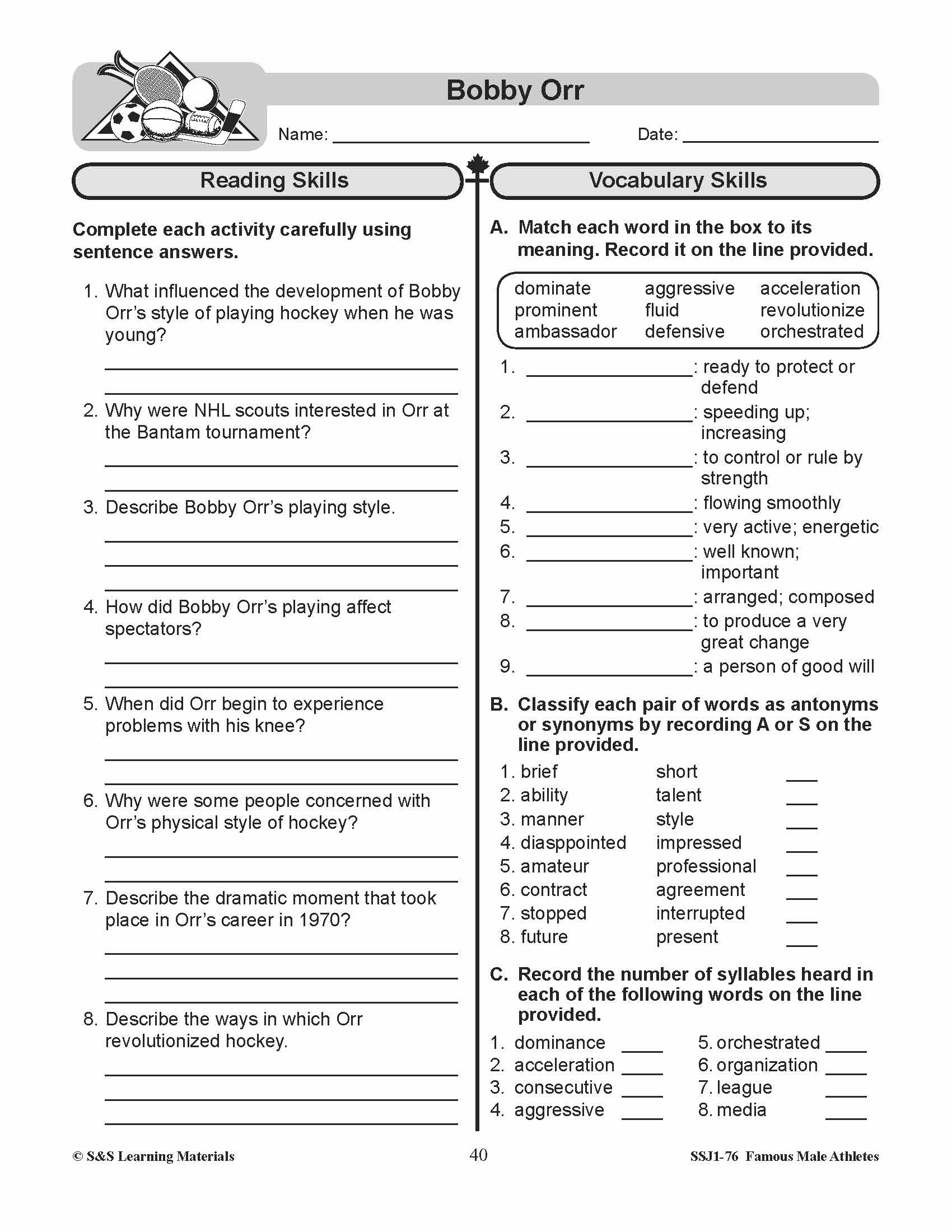 Famous Canadian Male Athletes Non Fiction Reading Grades 4-8