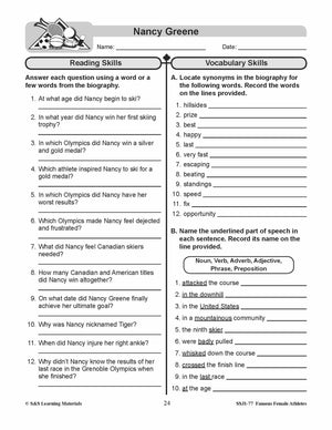 Famous Canadian Female Athletes Non Fiction Reading Grades 4-8