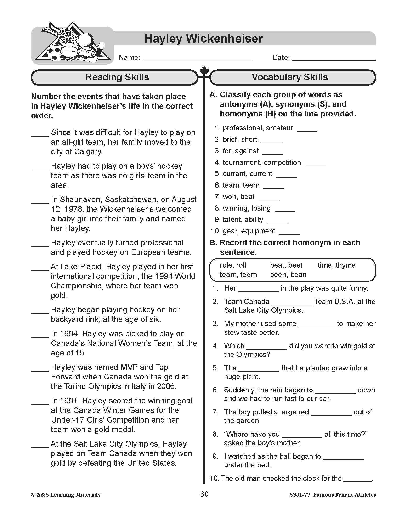Famous Canadian Female Athletes Non Fiction Reading Grades 4-8