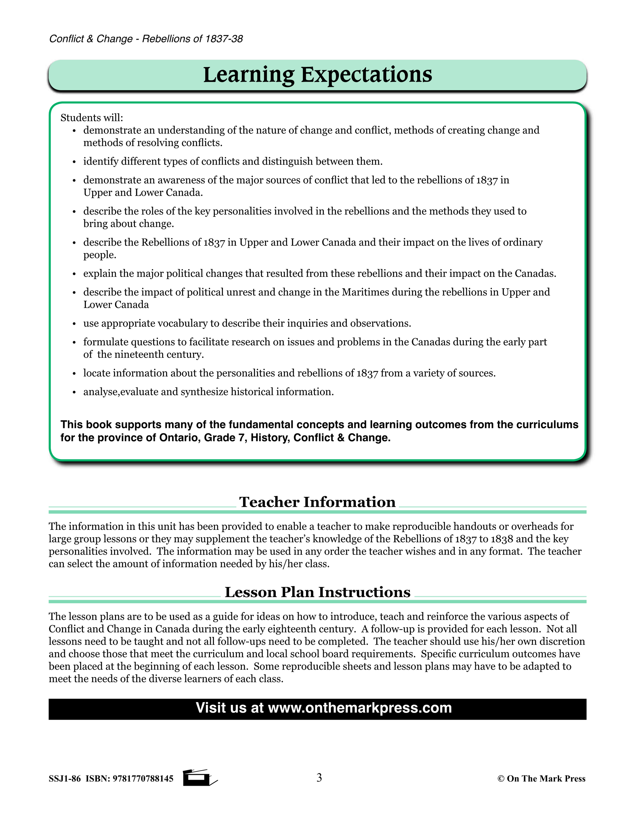 Conflict & Change - Rebellions of 1837-38 Grades 7-8 Upper & Lower Canada