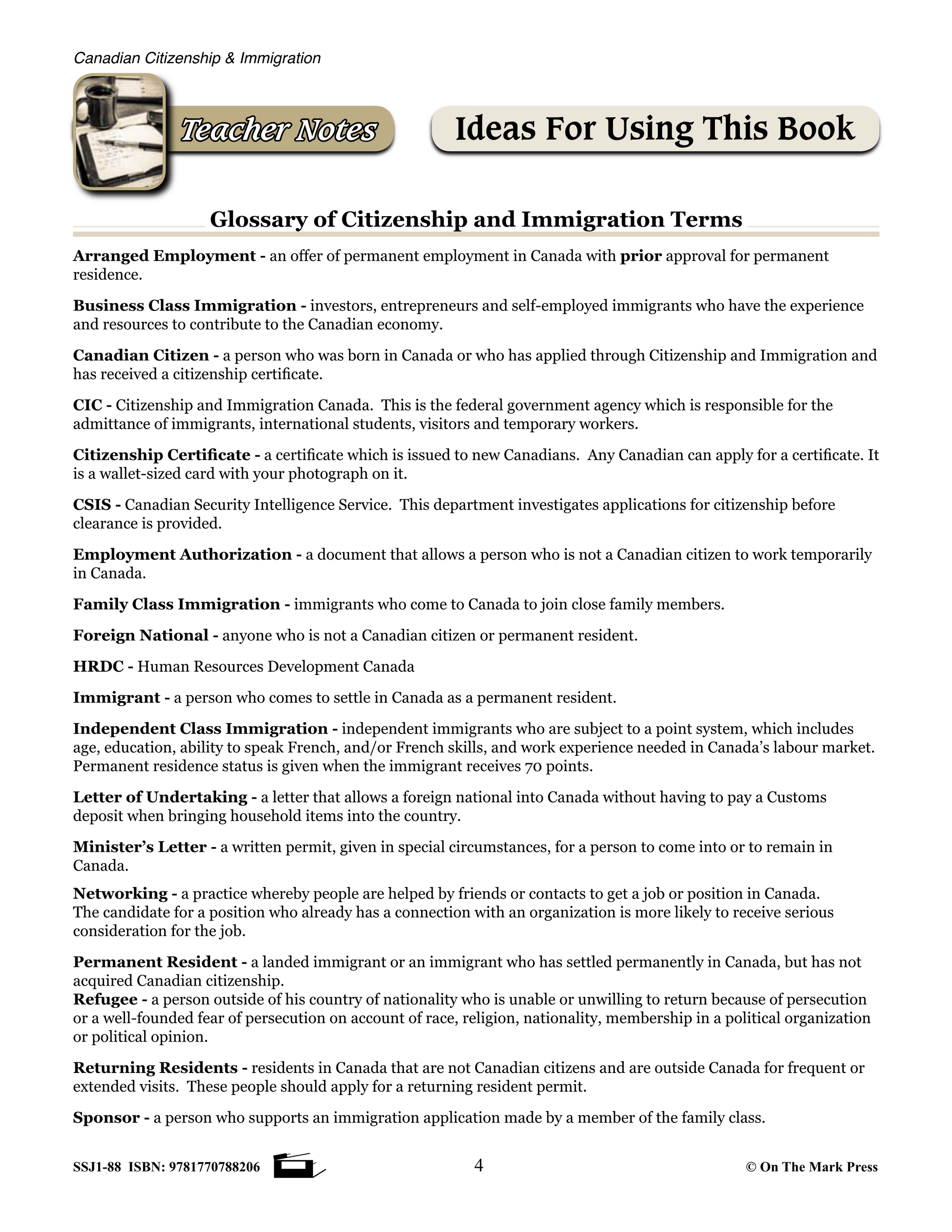 Canadian Citizenship and Immigration Lessons Grades 4-8