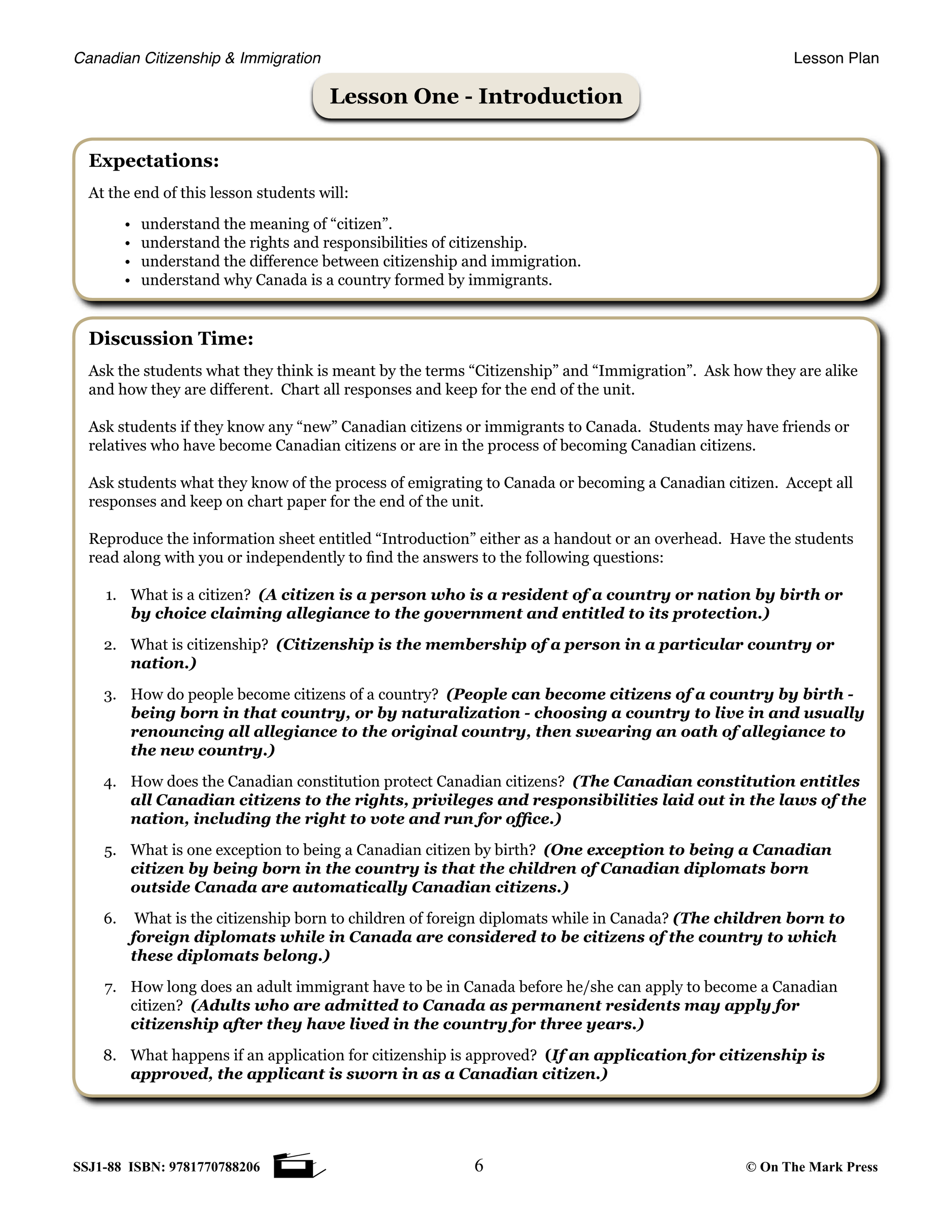 Canadian Citizenship and Immigration Lessons Grades 4-8