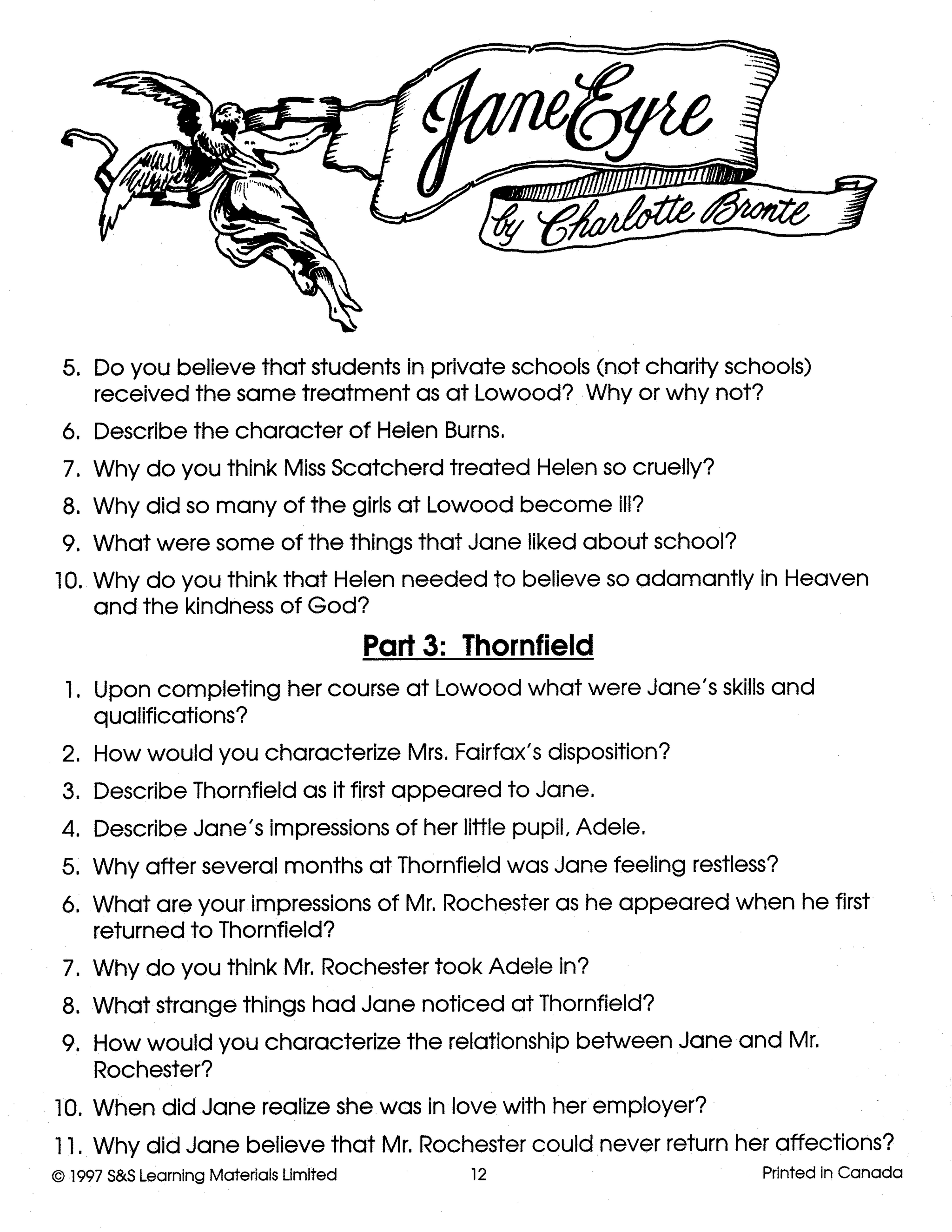 Jane Eyre, by Charlotte Bronte: Novel Study Guide Gr. 7-8