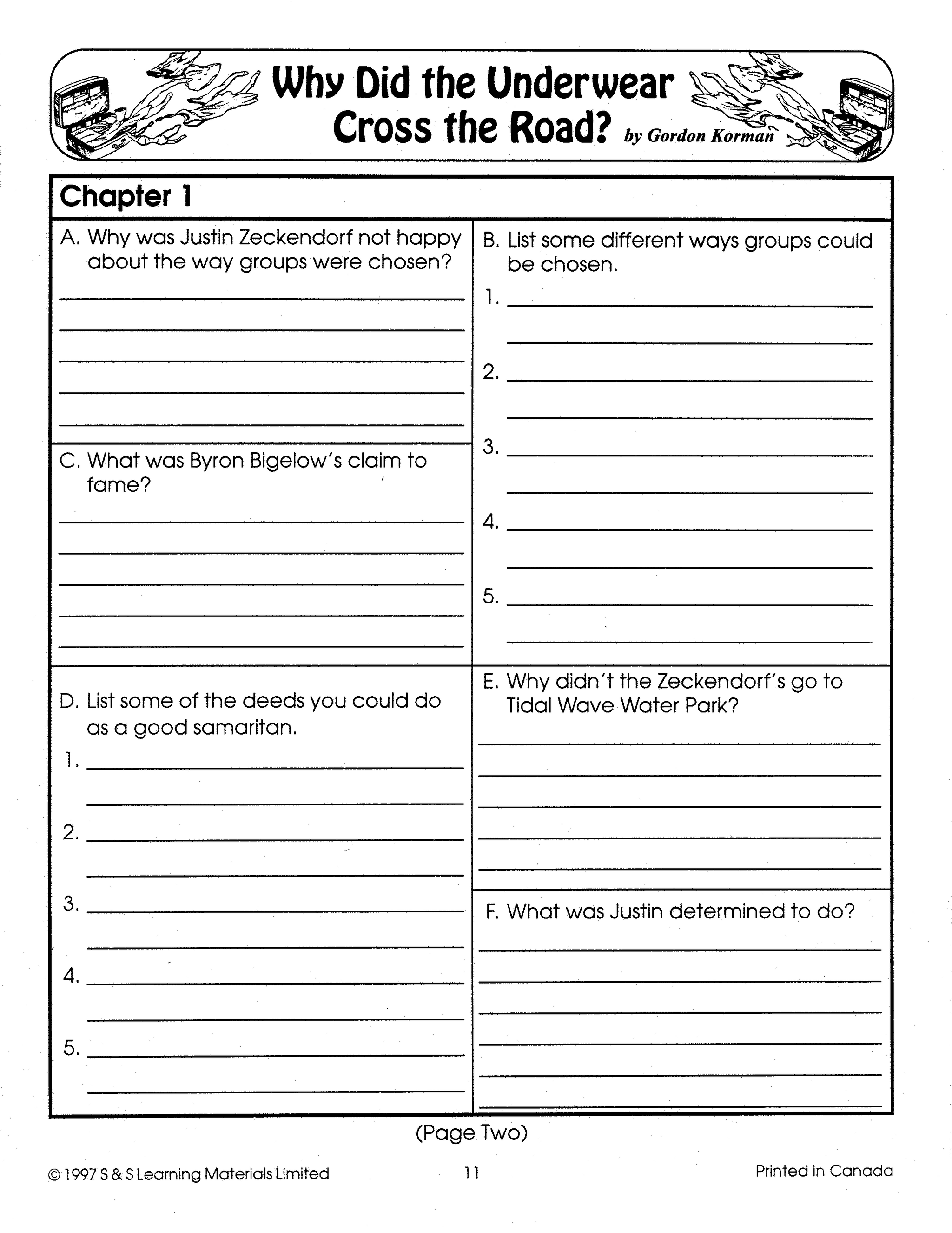 Why Did the Underwear Cross The Road?: Novel Study Guide Gr. 4-6