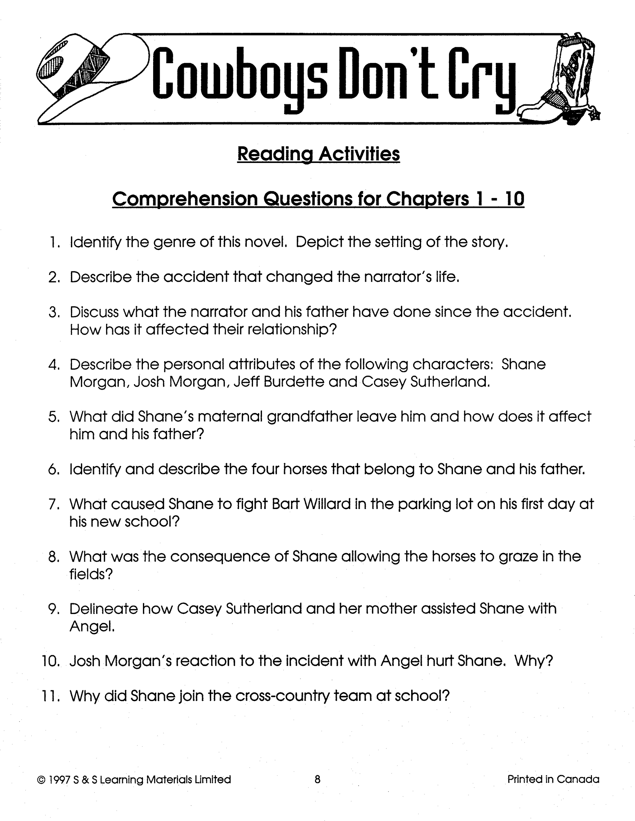 Cowboys Don't Cry, by Marilyn Halvorson Novel Study Gr. 7-8