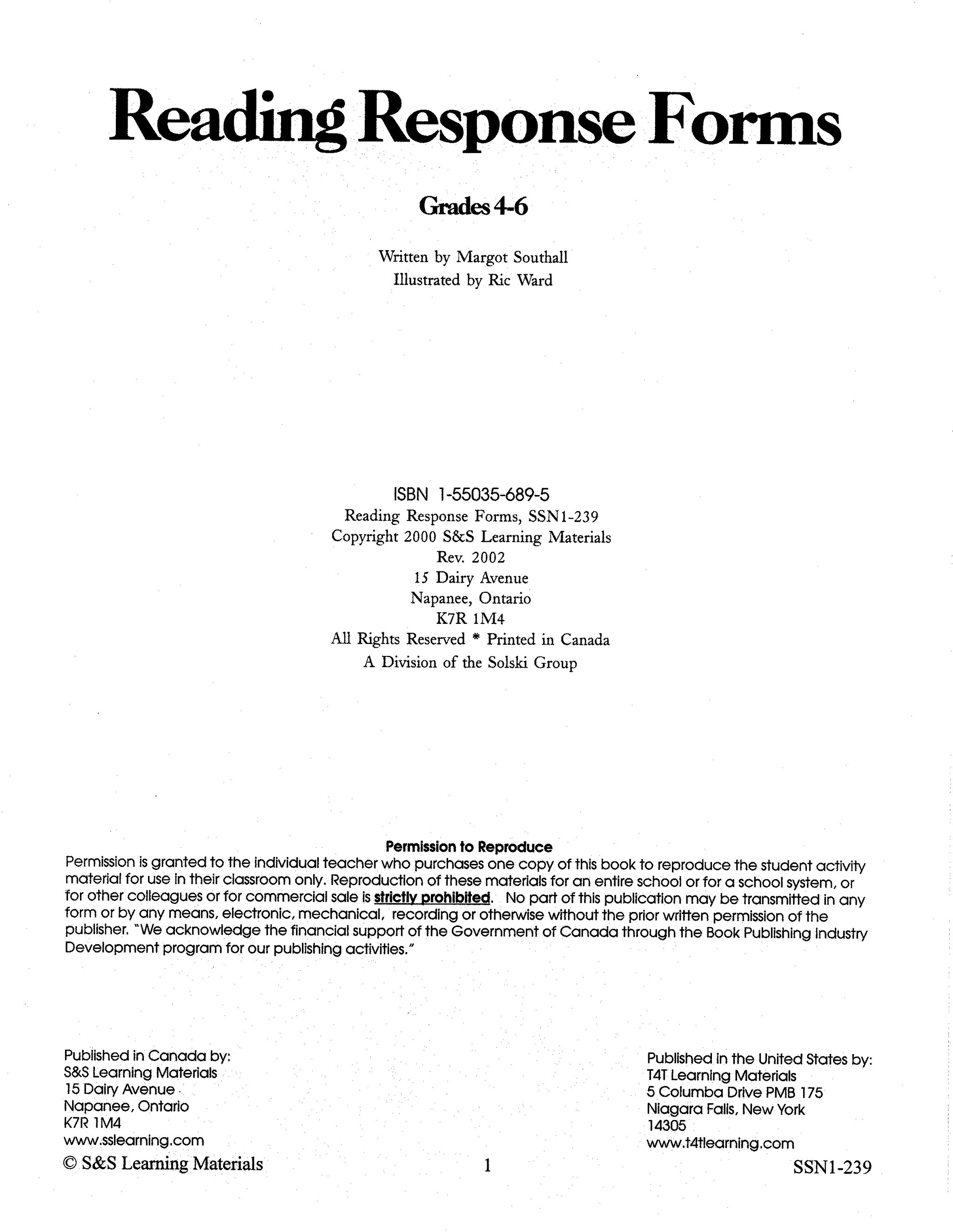 Reading Response Forms Gr. 4-6