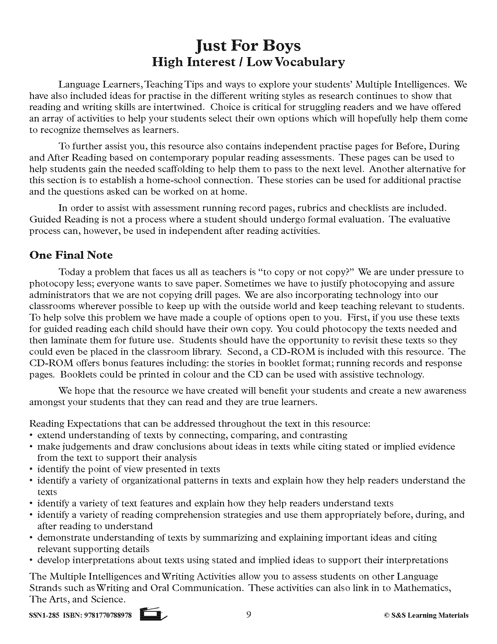 Just for Boys - High/Low Reading Comprehension Grades 4+, Reading Level 1.2 to 2.9