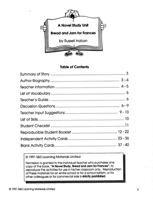Bread and Jam for Frances: Lit Link/Novel Study Guide Gr. 1-3