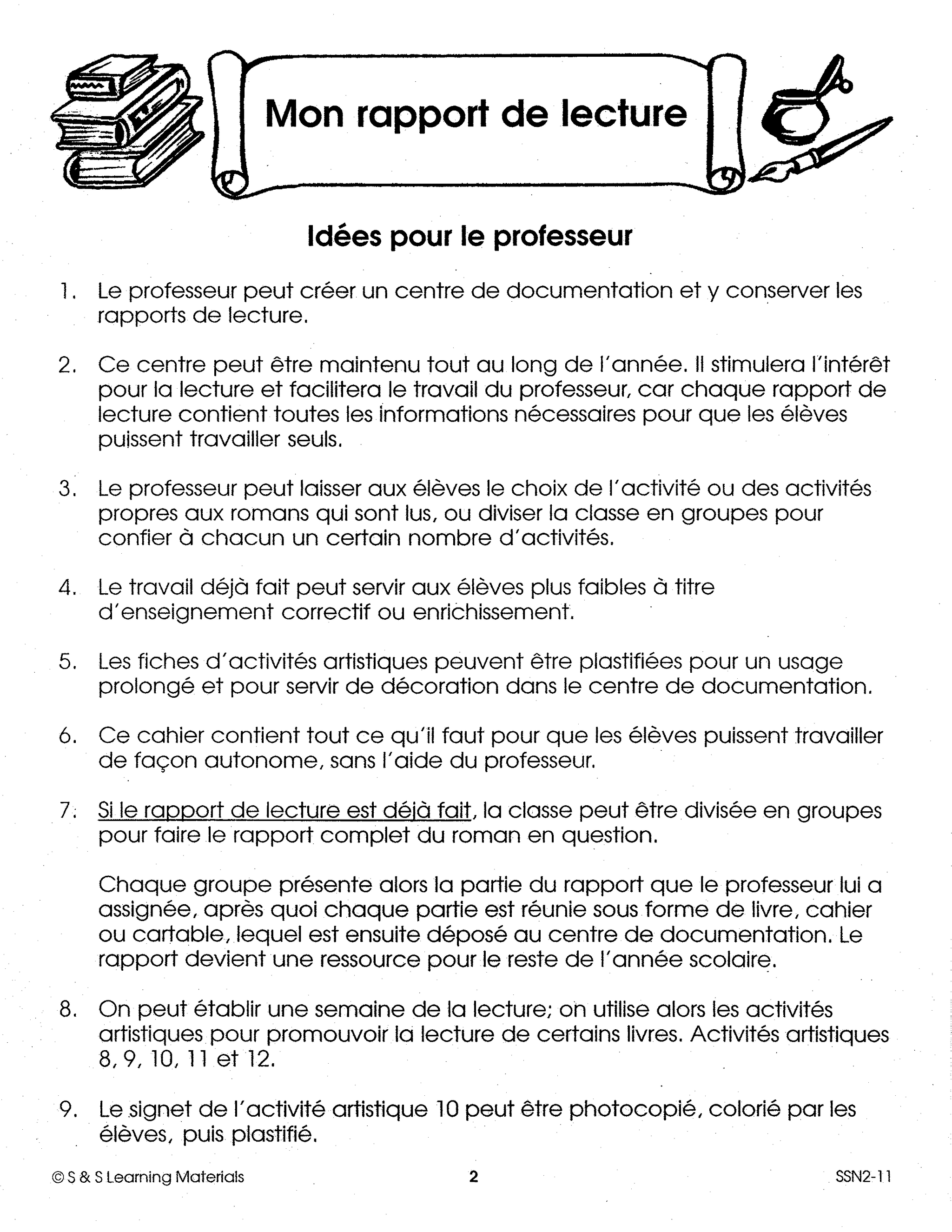 Mon rapport de lecture 4e à 6e année