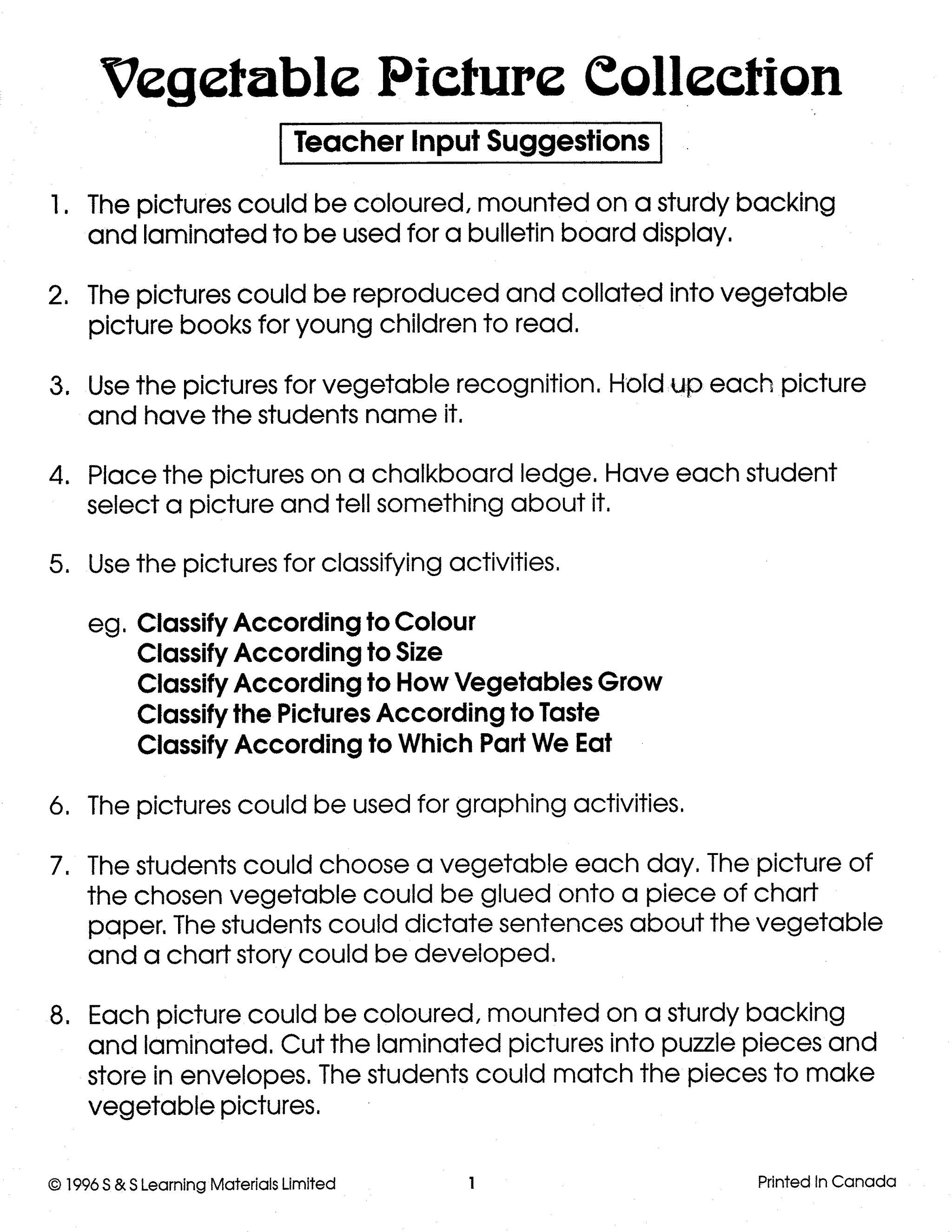 Vegetables Black & White Picture Collection Grades K-8