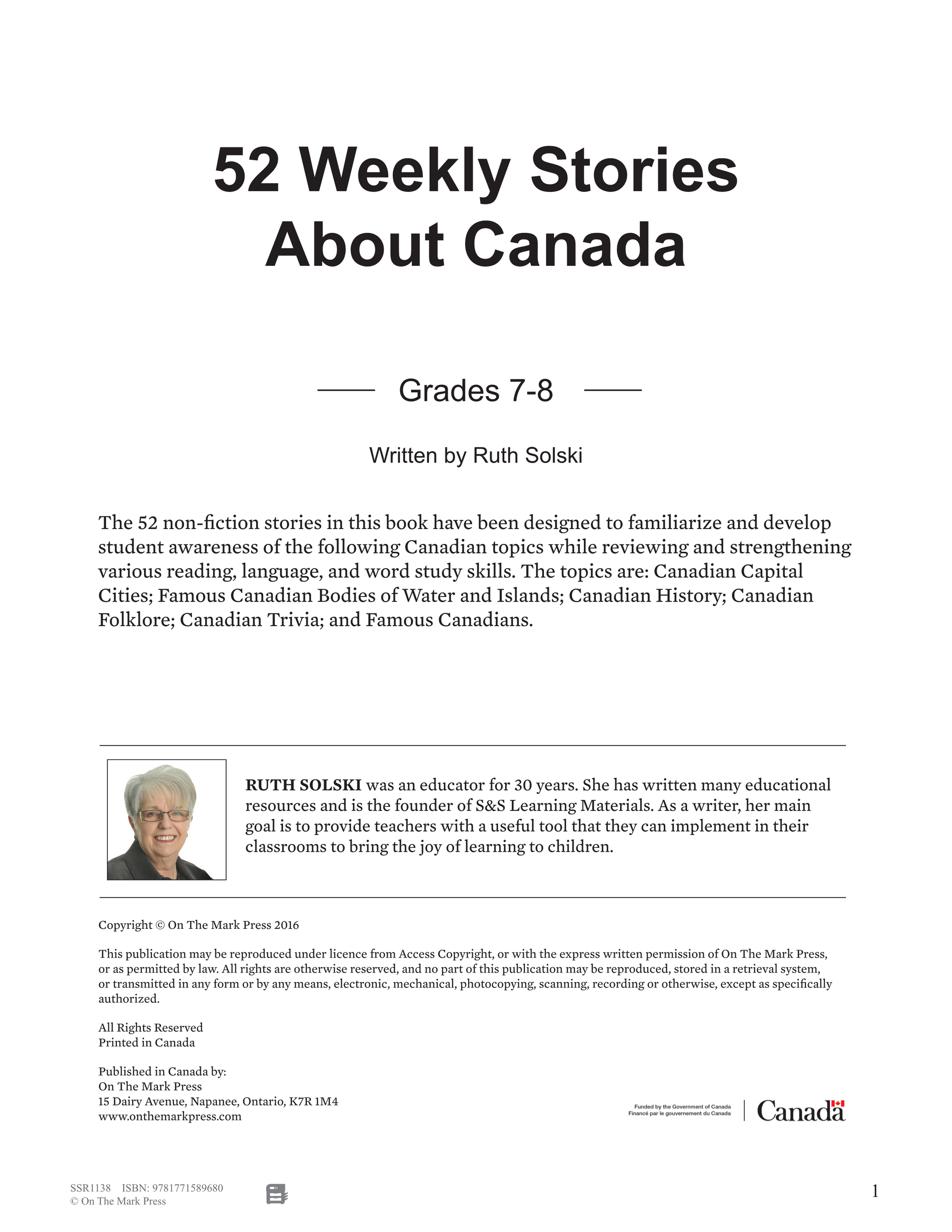 52 Weekly Nonfiction Stories About Canada Grades 7-8