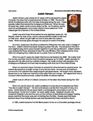 Josiah Henson's Biography: A Canadian Black History Worksheet Gr 4-8