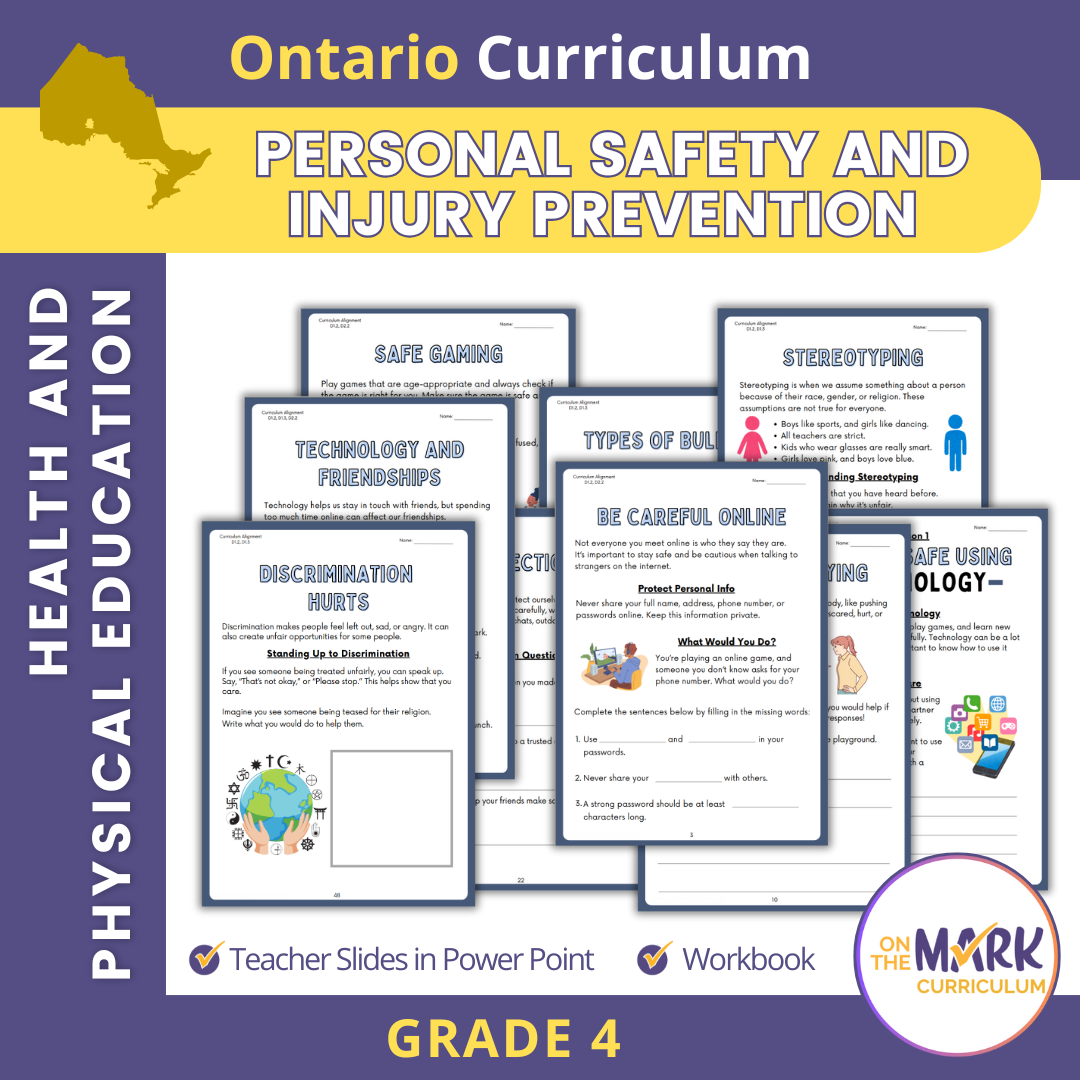 Personal Safety and Injury Prevention Ontario Grade 4 Curriculum - Workbook & Slides!