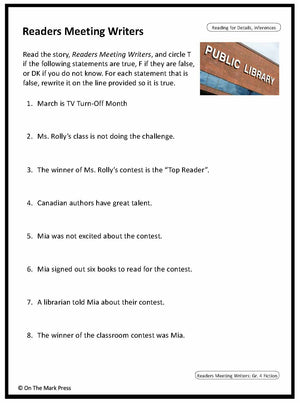 Readers Meeting Writers: No TV for a Month! Reading Lesson  Gr. 3-4