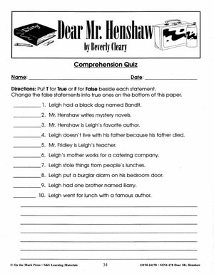 Dear Mr. Henshaw Lit Link/Novel Study Grades 4-6