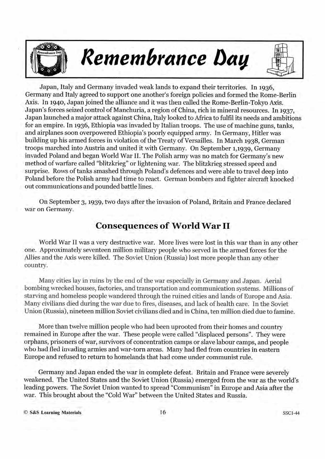 Remembrance Day Information for the Teacher