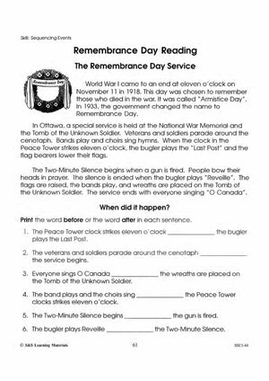 Remembrance Day Reading Activities Gr. 1-3