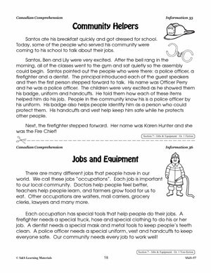 Canadian Comprehension: Jobs & Equipment; Food & Clothing Grades 1-2