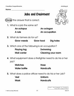 Canadian Comprehension: Jobs & Equipment; Food & Clothing Grades 1-2