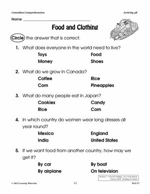 Canadian Comprehension: Jobs & Equipment; Food & Clothing Grades 1-2