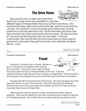 Canadian Comprehension: Travel; Transportation & Shelter Grades 1-2