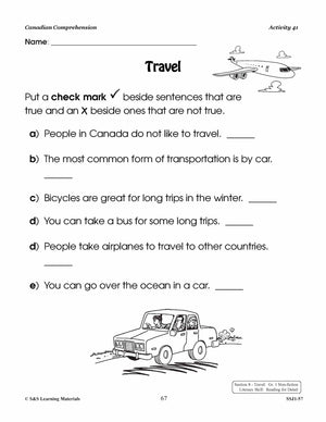 Canadian Comprehension: Travel; Transportation & Shelter Grades 1-2