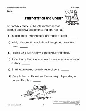 Canadian Comprehension: Travel; Transportation & Shelter Grades 1-2