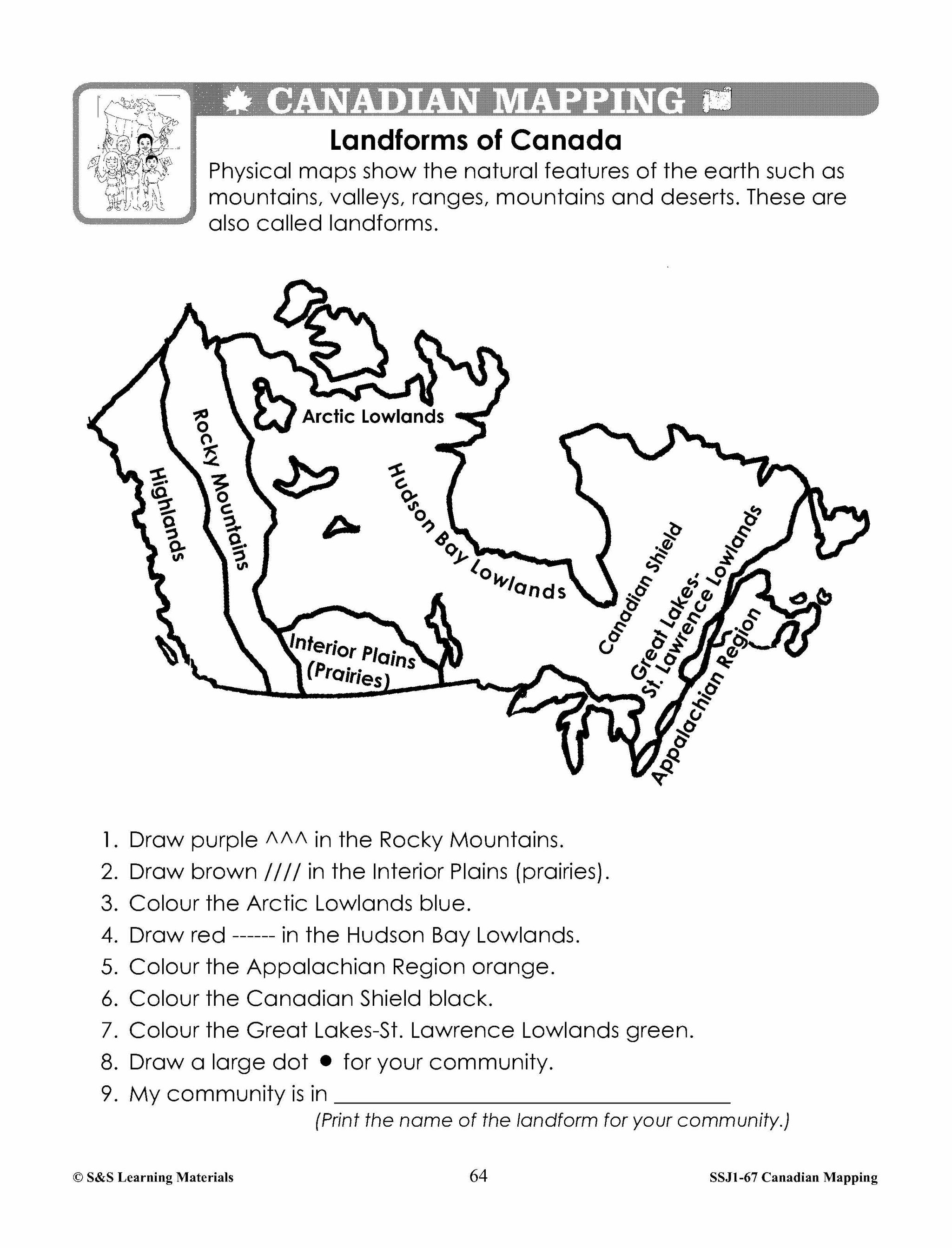 Major Landforms & Bodies of Water in Canada Mapping Worksheets Grades 2-3