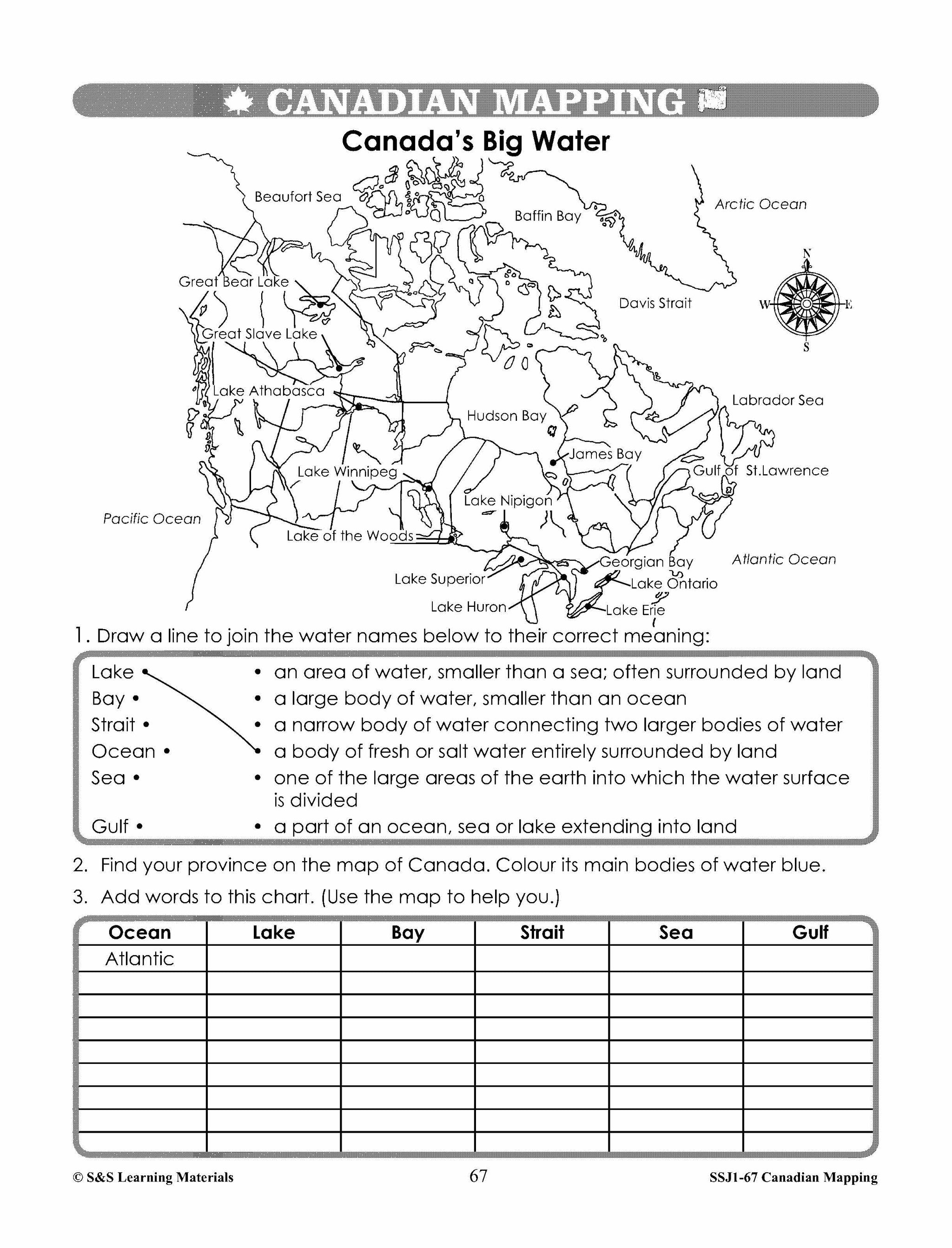 Major Landforms & Bodies of Water in Canada Mapping Worksheets Grades 2-3