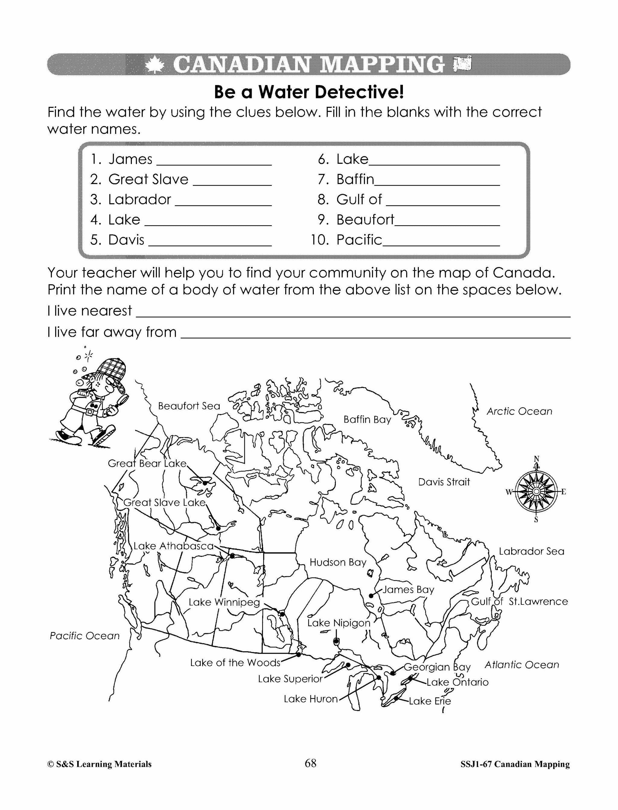 Major Landforms & Bodies of Water in Canada Mapping Worksheets Grades 2-3
