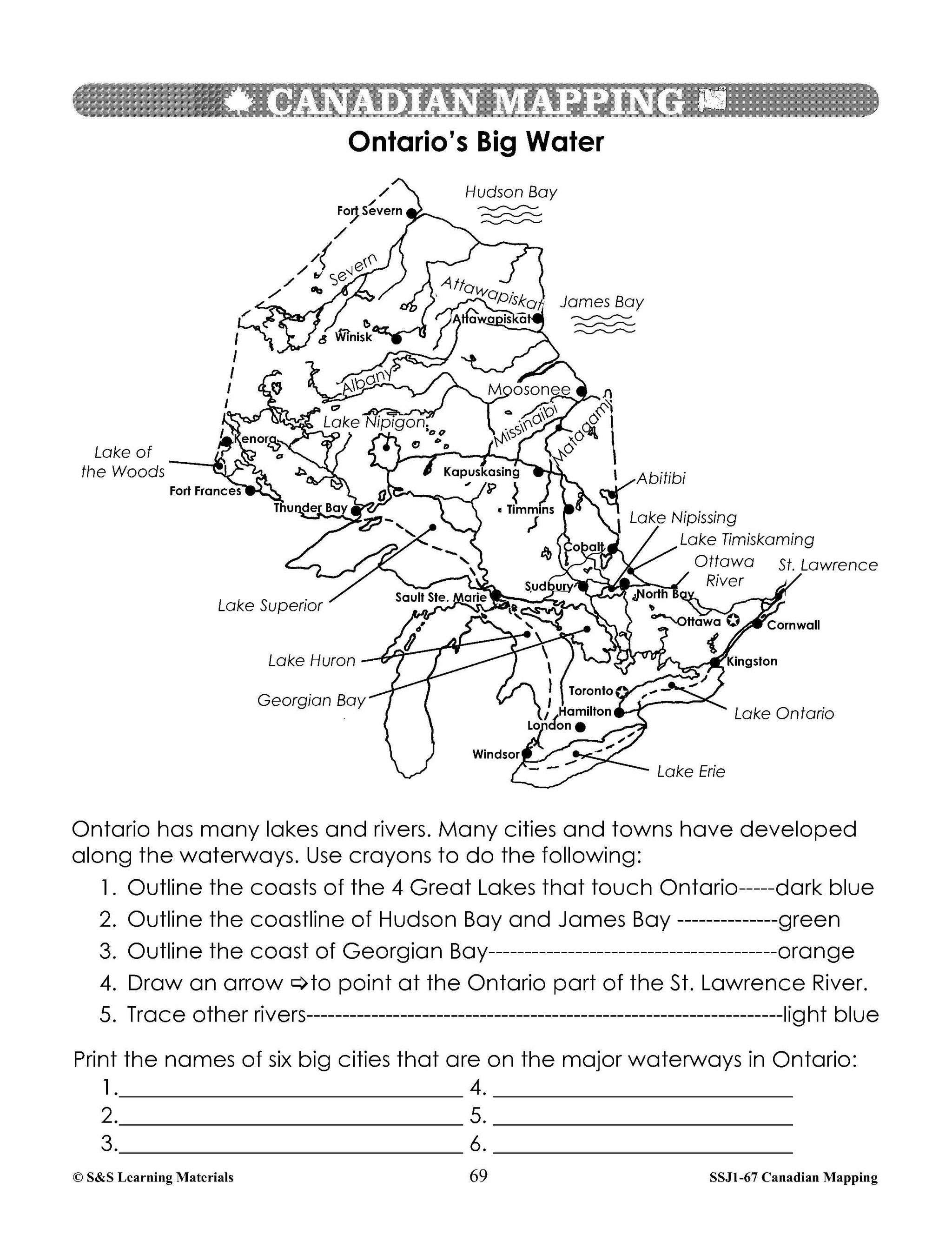 Major Landforms & Bodies of Water in Canada Mapping Worksheets Grades 2-3